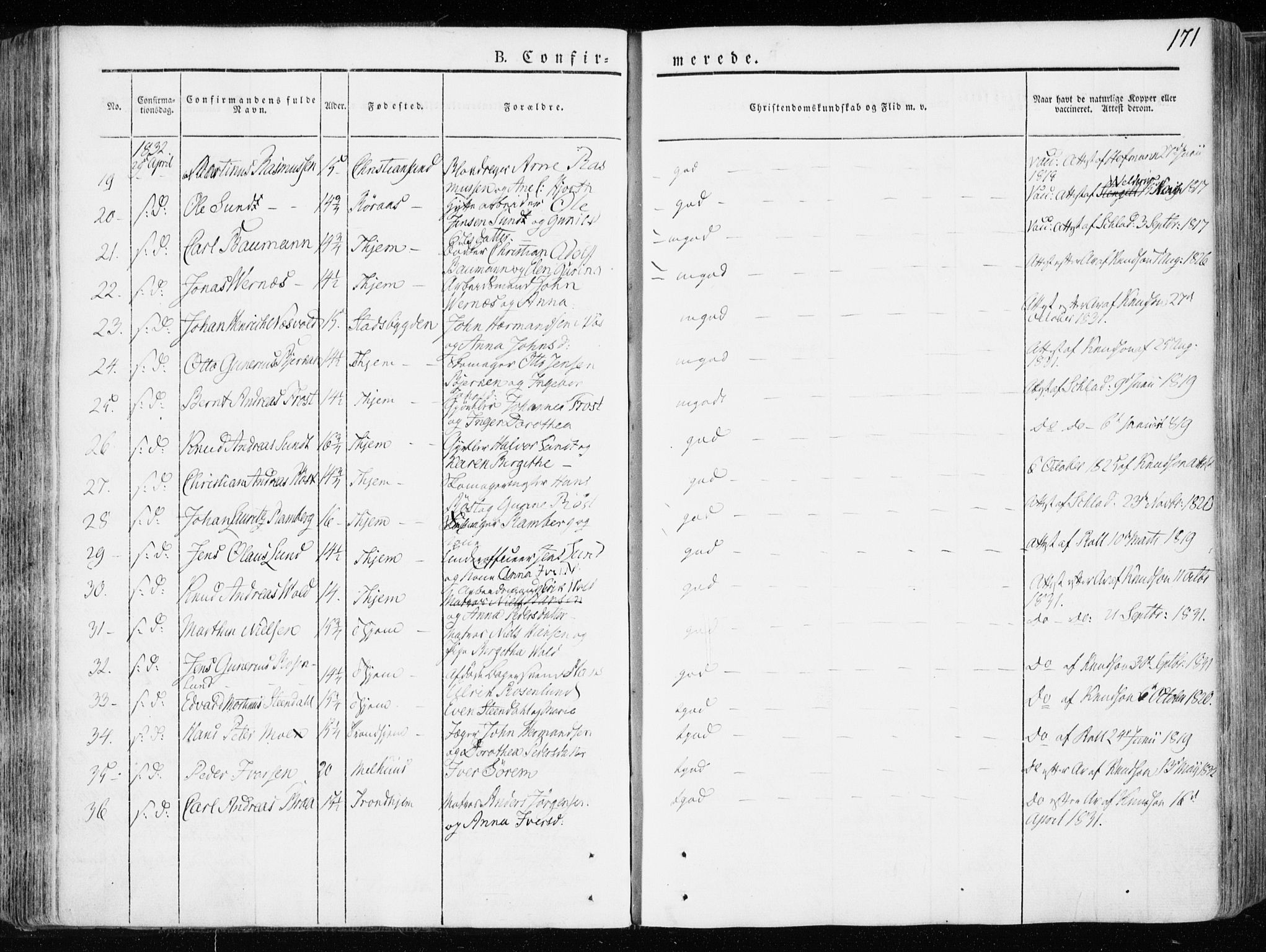 Ministerialprotokoller, klokkerbøker og fødselsregistre - Sør-Trøndelag, AV/SAT-A-1456/601/L0047: Parish register (official) no. 601A15, 1831-1839, p. 171