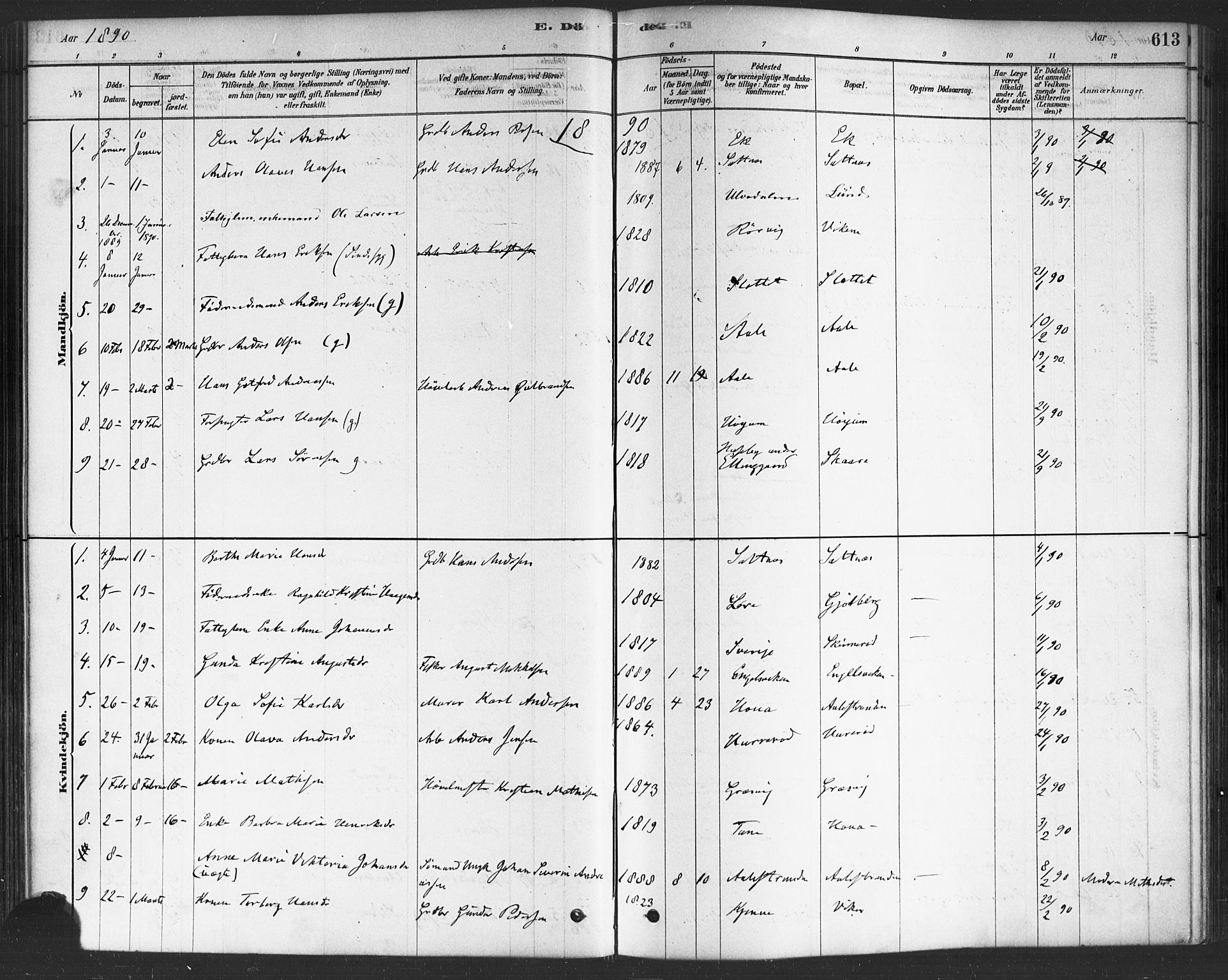 Onsøy prestekontor Kirkebøker, SAO/A-10914/F/Fa/L0006: Parish register (official) no. I 6, 1878-1898, p. 613
