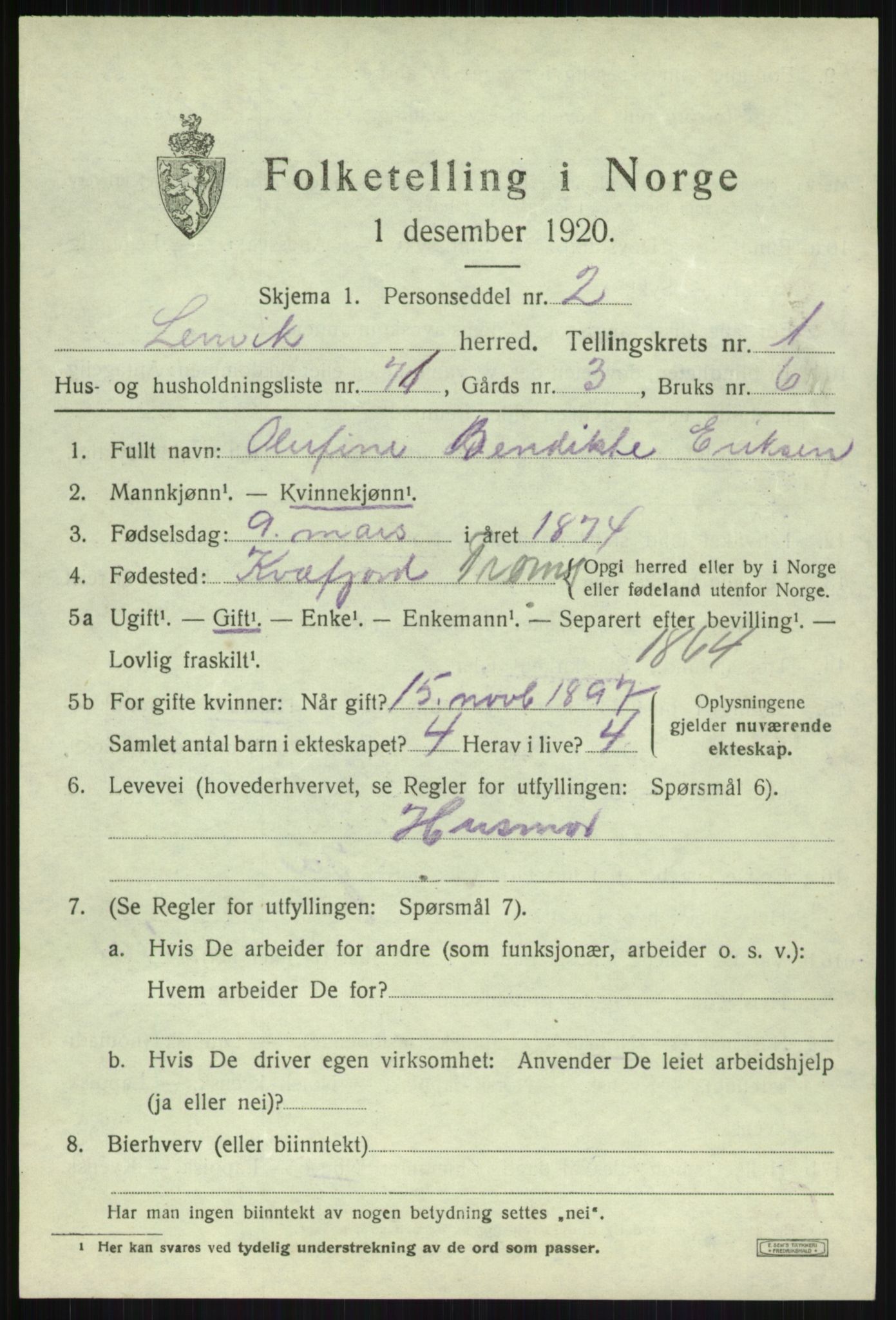 SATØ, 1920 census for Lenvik, 1920, p. 2788