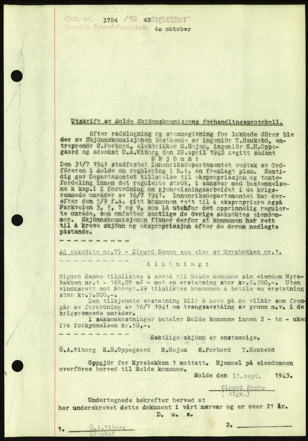 Romsdal sorenskriveri, AV/SAT-A-4149/1/2/2C: Mortgage book no. A15, 1943-1944, Diary no: : 1754/1943