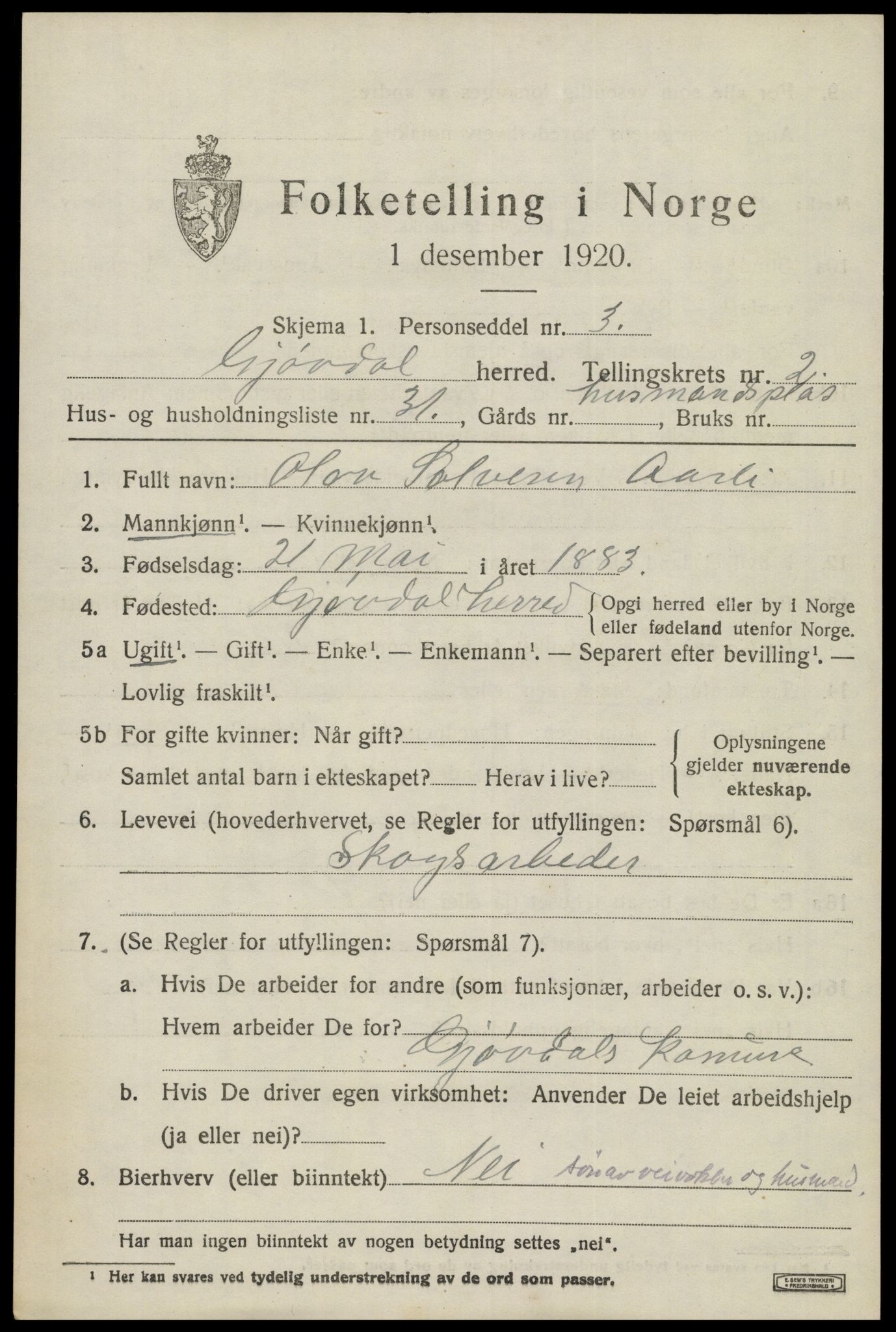 SAK, 1920 census for Gjøvdal, 1920, p. 1146