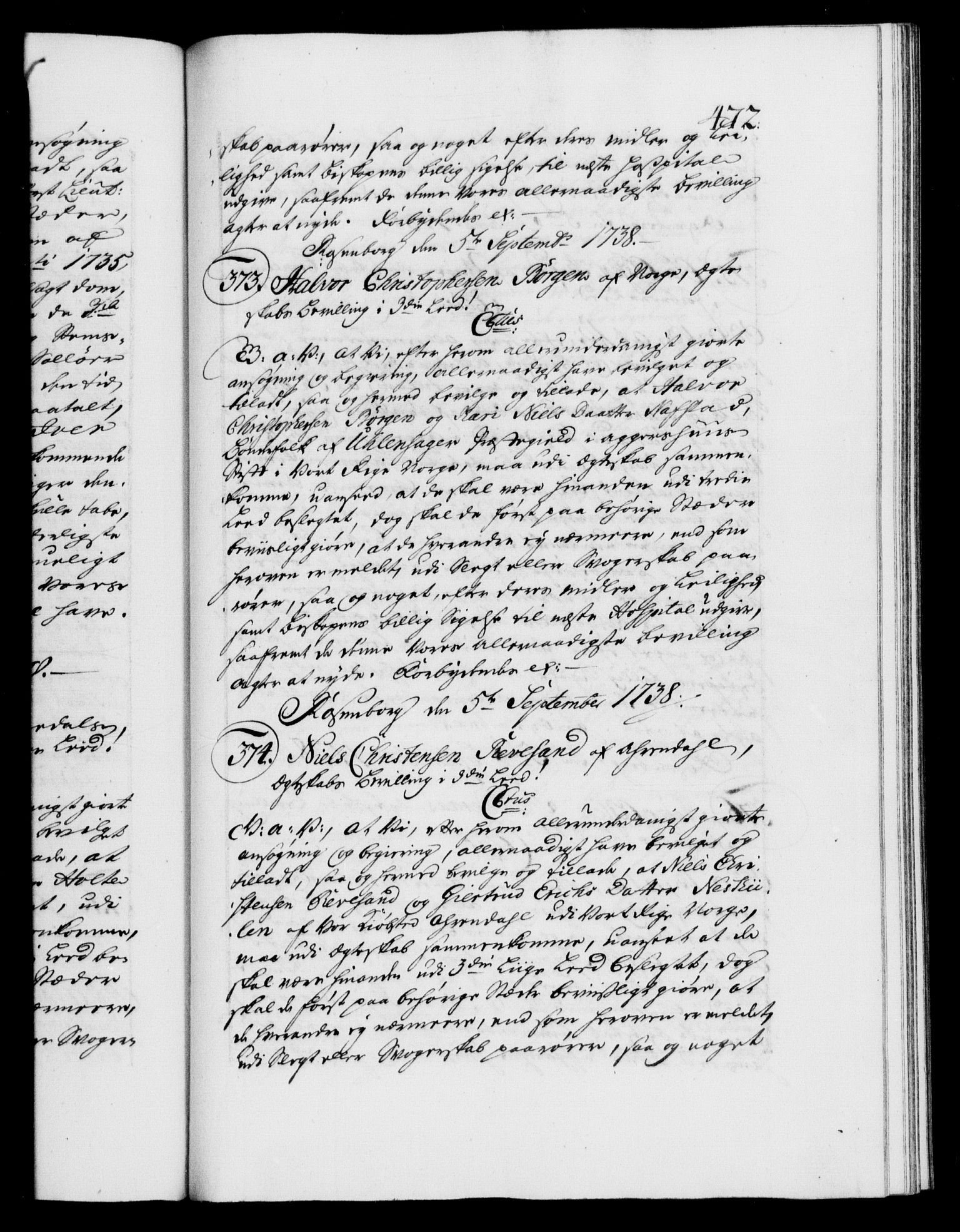 Danske Kanselli 1572-1799, RA/EA-3023/F/Fc/Fca/Fcaa/L0030: Norske registre, 1737-1738, p. 472a