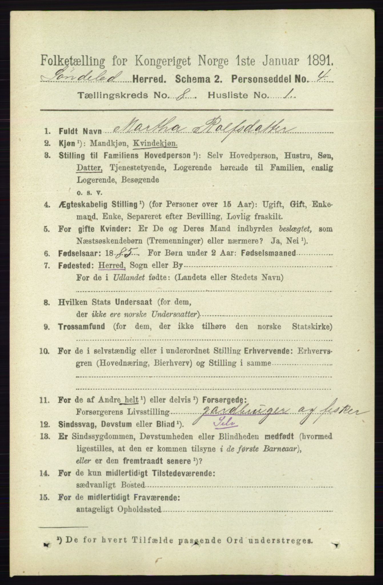 RA, 1891 census for 0913 Søndeled, 1891, p. 2574