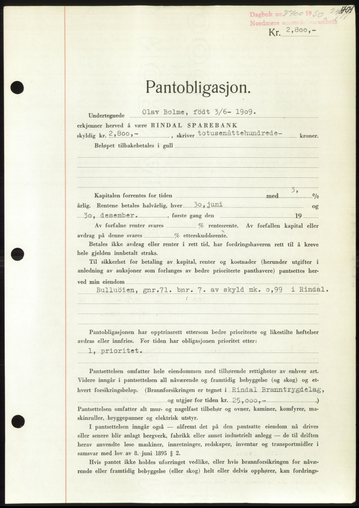 Nordmøre sorenskriveri, AV/SAT-A-4132/1/2/2Ca: Mortgage book no. B106, 1950-1950, Diary no: : 3700/1950