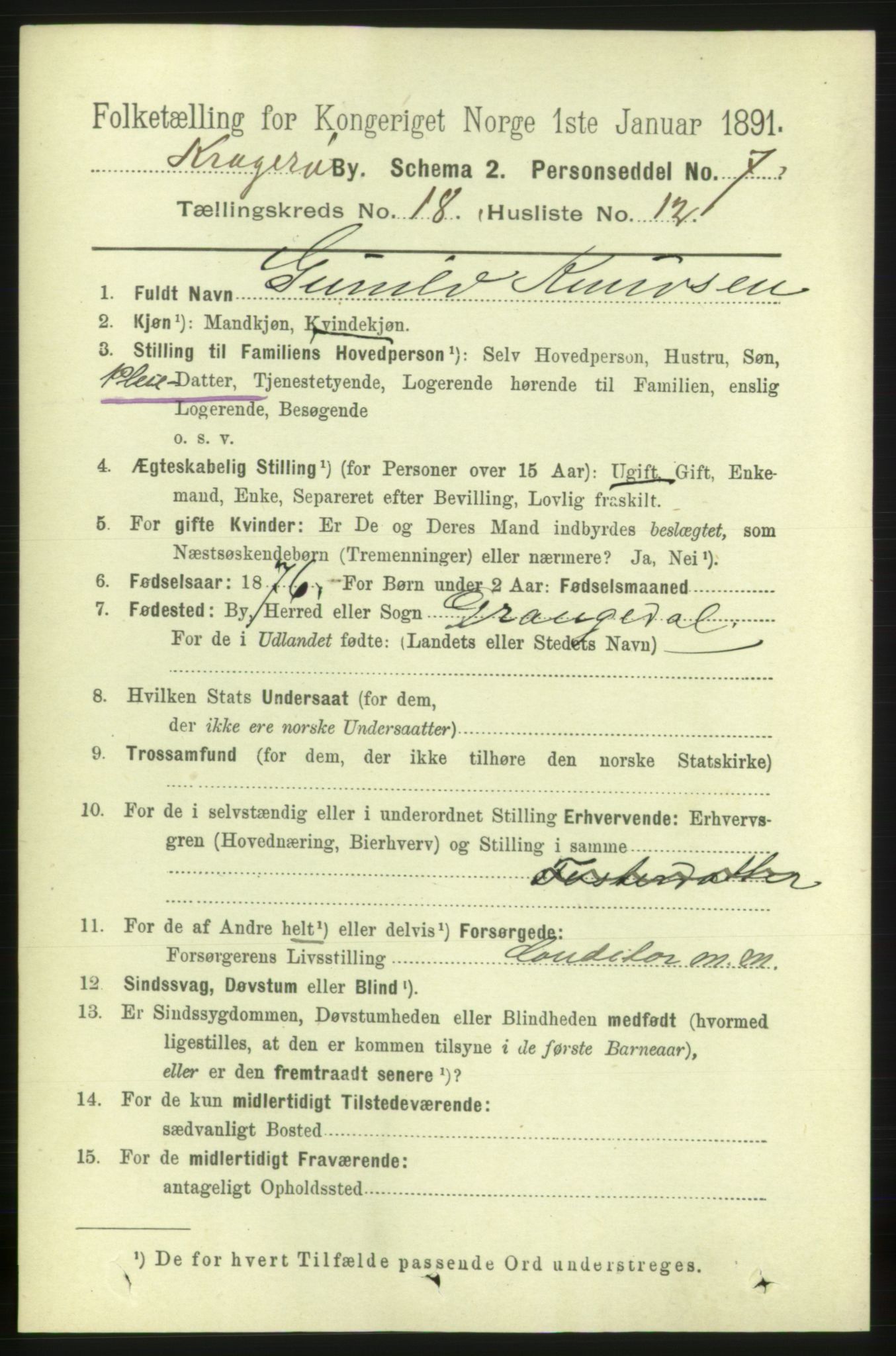 RA, 1891 census for 0801 Kragerø, 1891, p. 4516