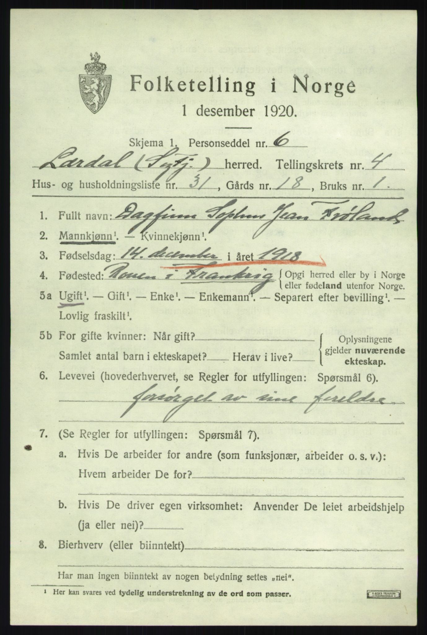 SAB, 1920 census for Lærdal, 1920, p. 2470