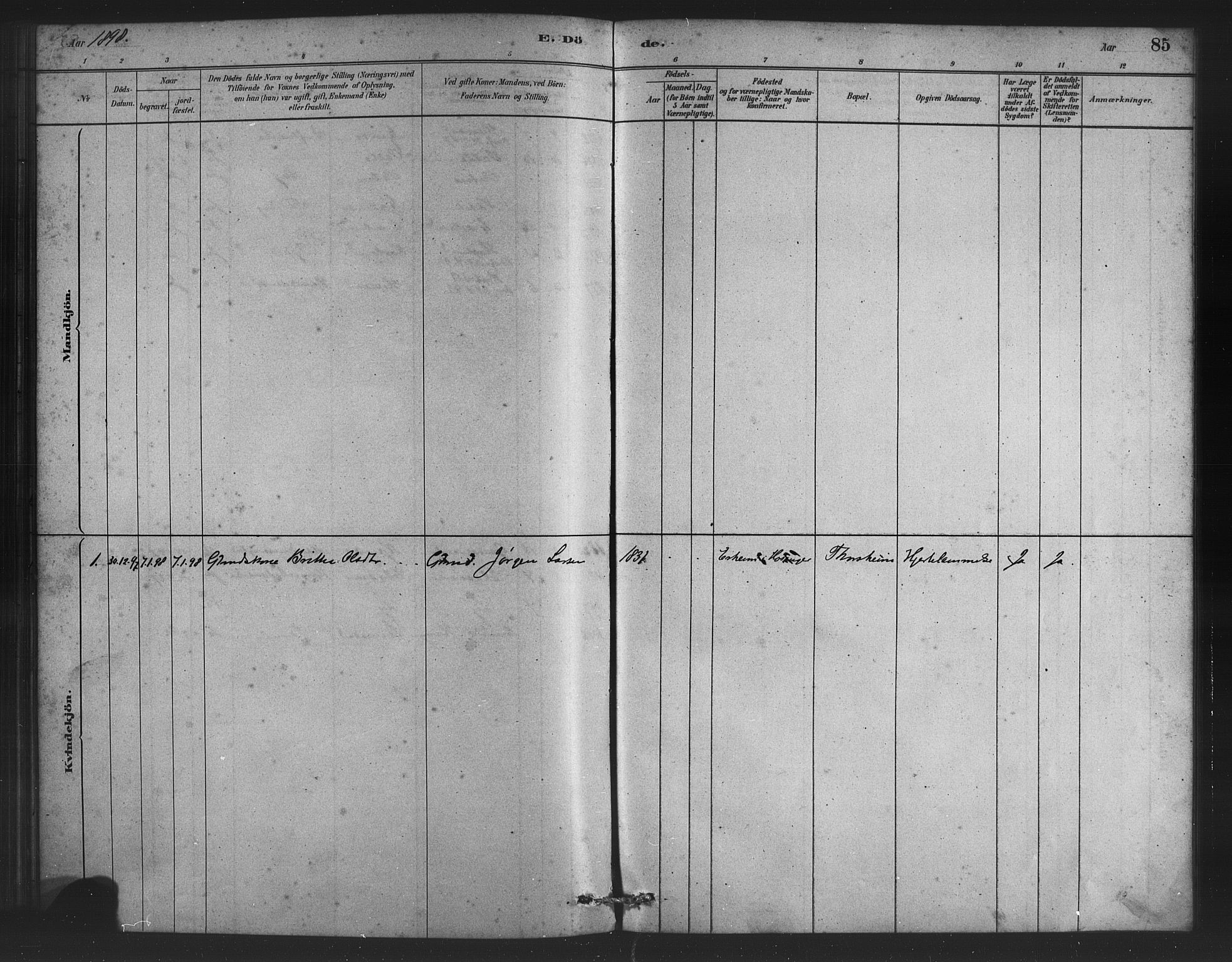 Alversund Sokneprestembete, SAB/A-73901/H/Ha/Haa/Haad/L0001: Parish register (official) no. D 1, 1880-1898, p. 85