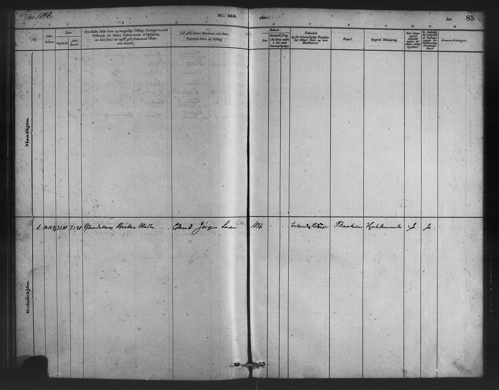 Alversund Sokneprestembete, AV/SAB-A-73901/H/Ha/Haa/Haad/L0001: Parish register (official) no. D 1, 1880-1898, p. 85