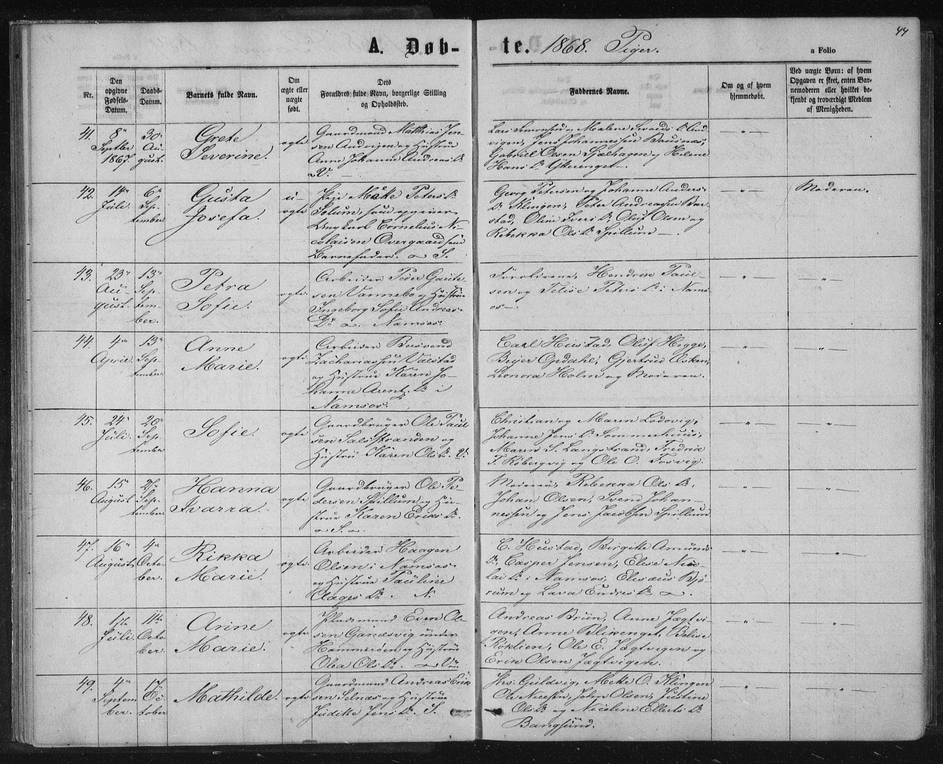 Ministerialprotokoller, klokkerbøker og fødselsregistre - Nord-Trøndelag, AV/SAT-A-1458/768/L0570: Parish register (official) no. 768A05, 1865-1874, p. 44