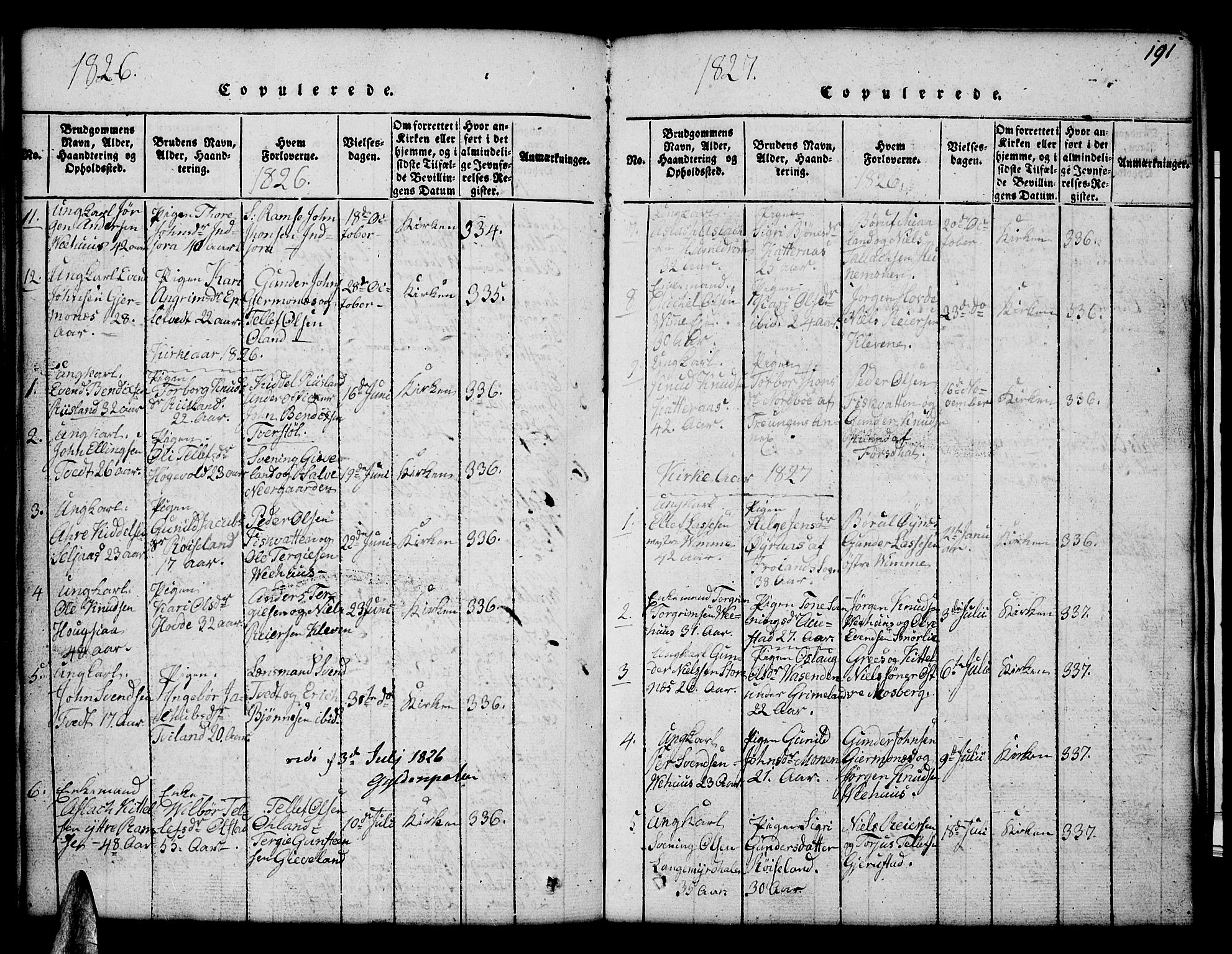 Åmli sokneprestkontor, SAK/1111-0050/F/Fb/Fbc/L0001: Parish register (copy) no. B 1, 1816-1867, p. 191