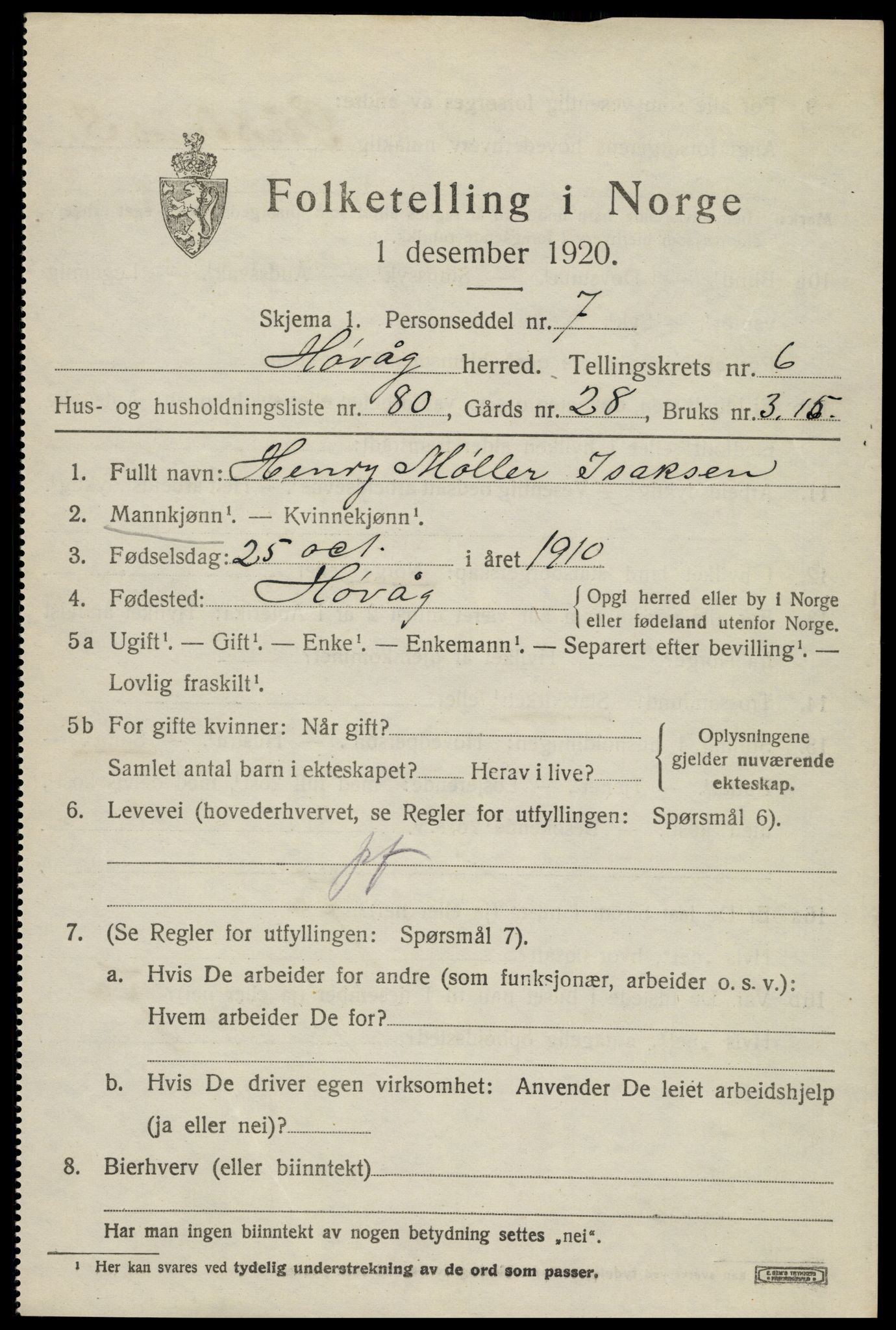 SAK, 1920 census for Høvåg, 1920, p. 3816