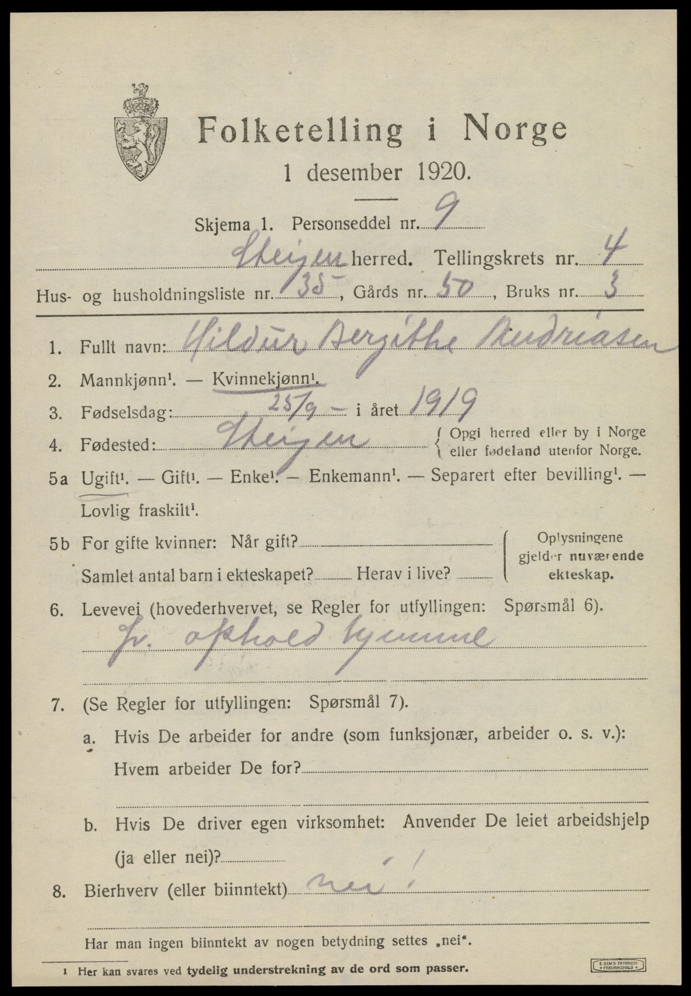 SAT, 1920 census for Steigen, 1920, p. 1938