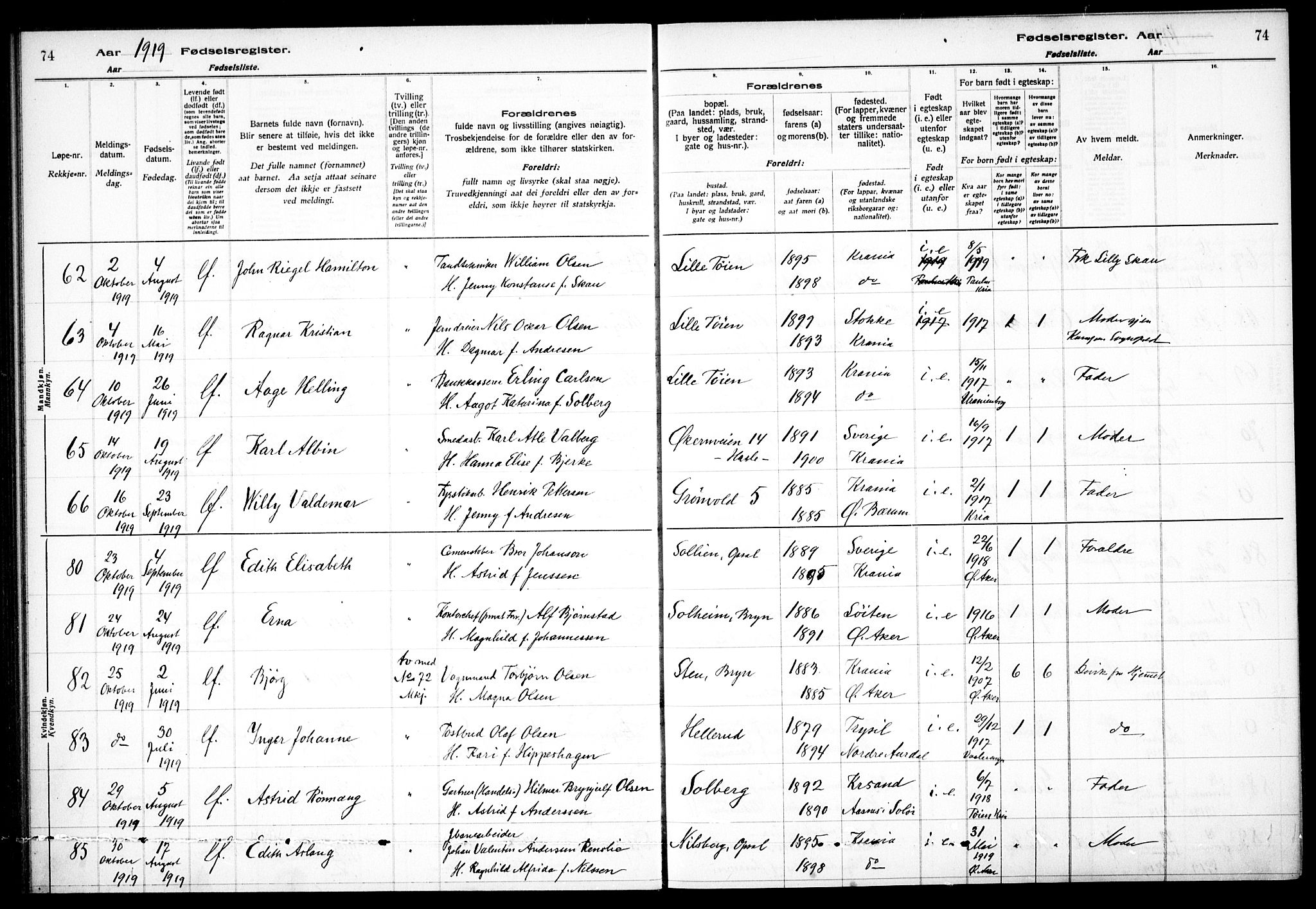 Østre Aker prestekontor Kirkebøker, AV/SAO-A-10840/J/Ja/L0001: Birth register no. I 1, 1916-1923, p. 74