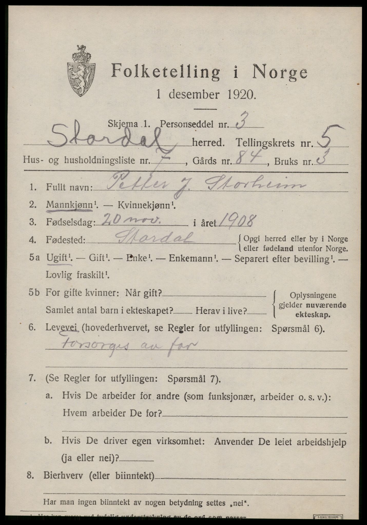 SAT, 1920 census for Stordal, 1920, p. 1618