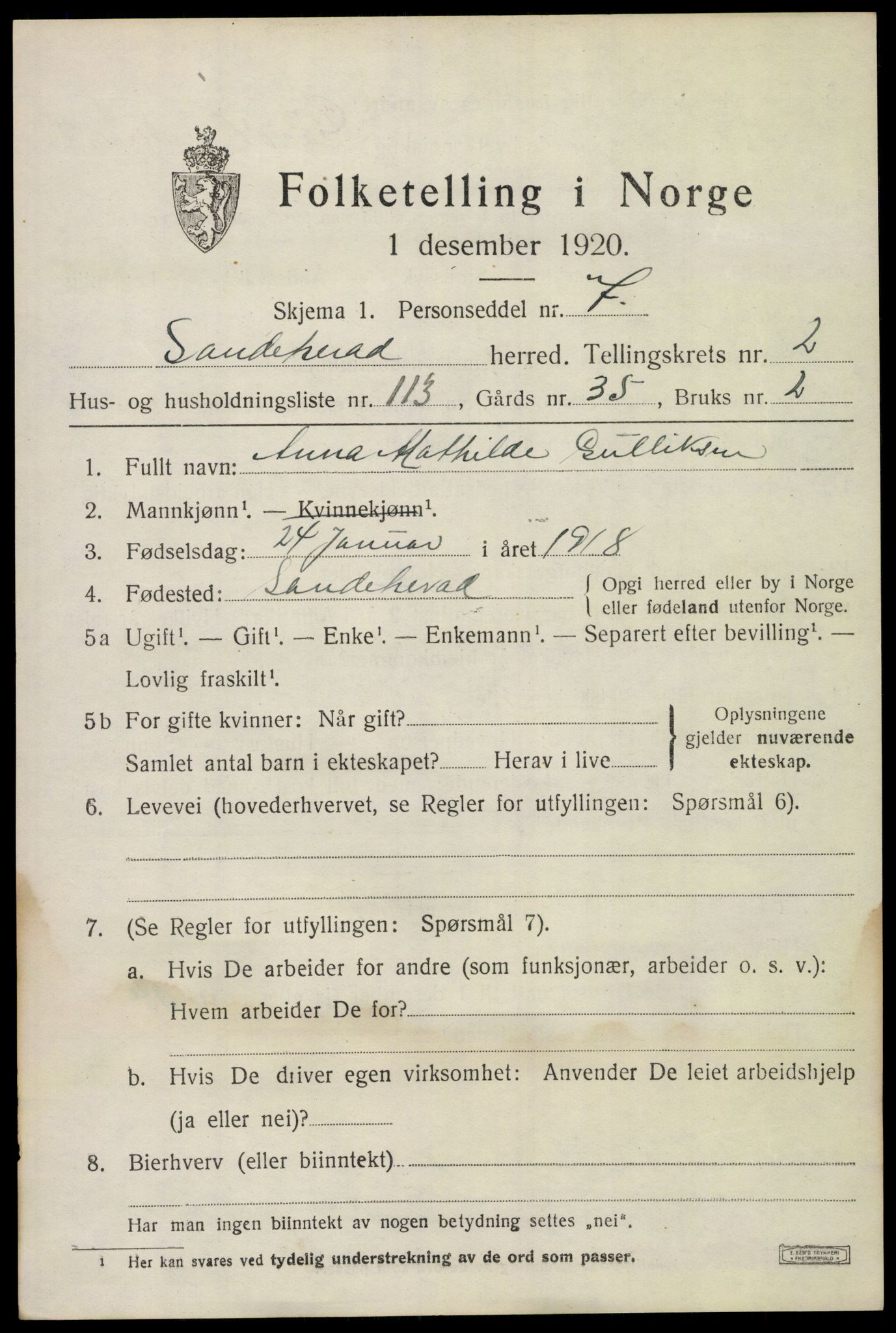 SAKO, 1920 census for Sandeherred, 1920, p. 5198