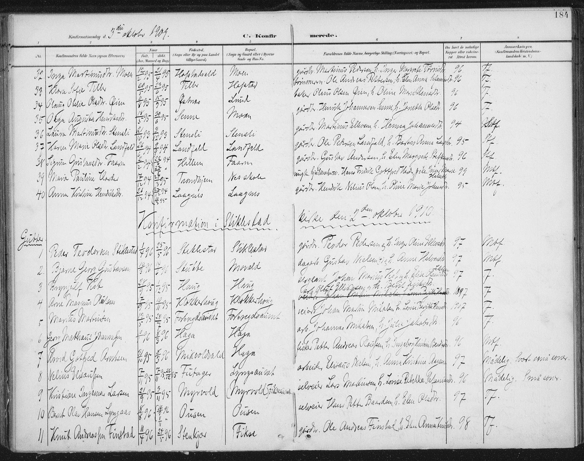 Ministerialprotokoller, klokkerbøker og fødselsregistre - Nord-Trøndelag, SAT/A-1458/723/L0246: Parish register (official) no. 723A15, 1900-1917, p. 184
