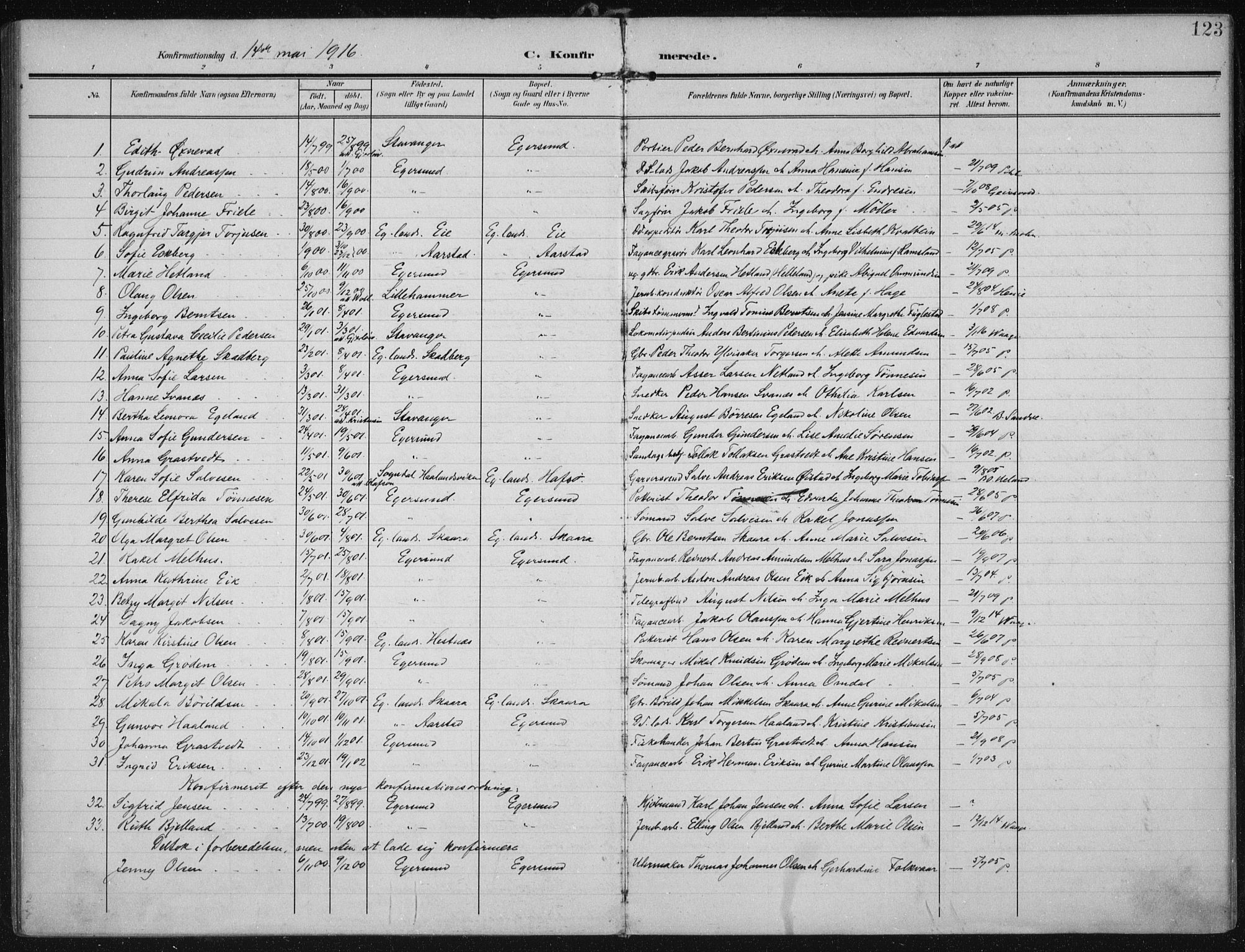 Eigersund sokneprestkontor, AV/SAST-A-101807/S08/L0022: Parish register (official) no. A 21, 1905-1928, p. 123