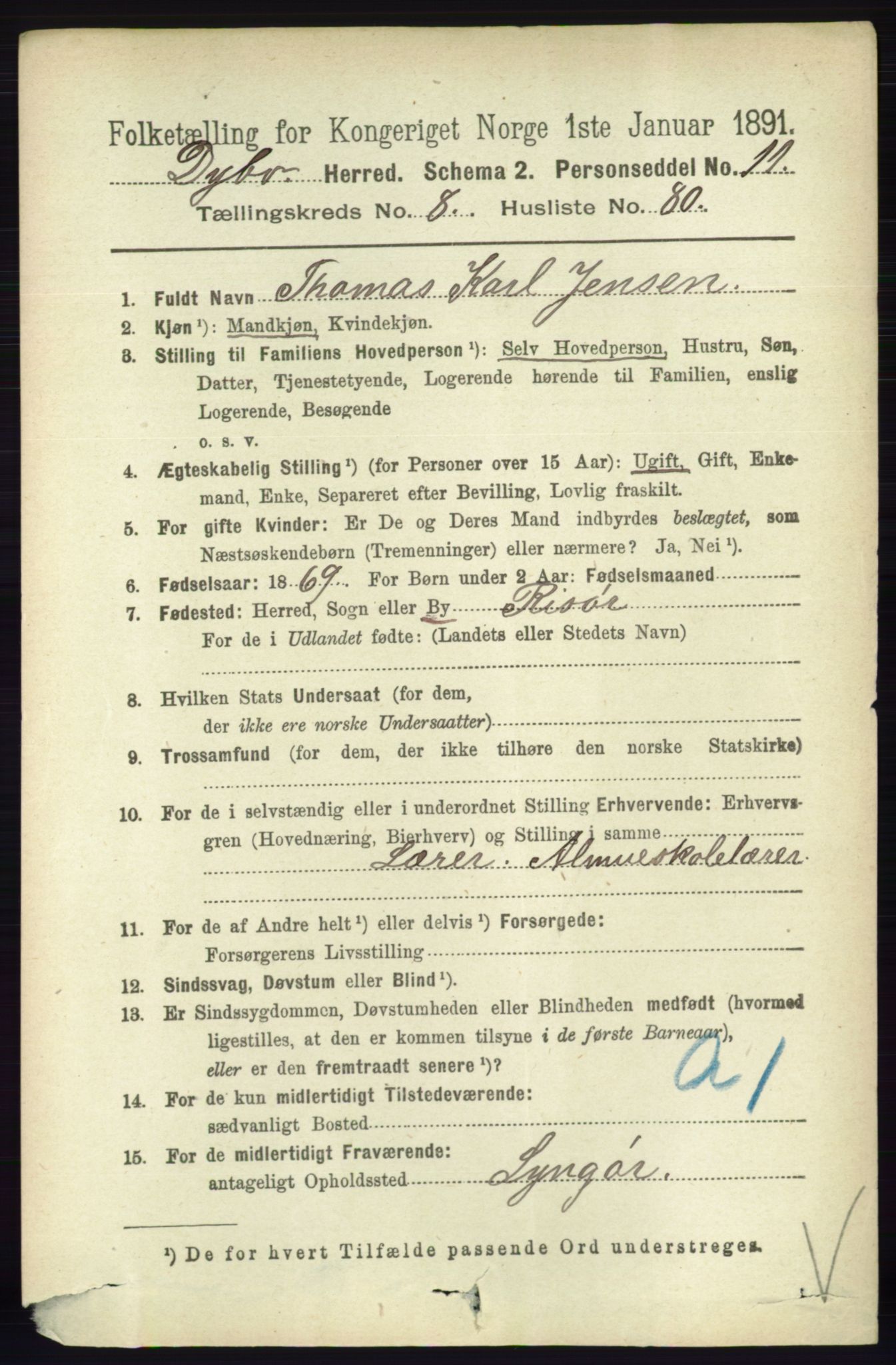 RA, 1891 census for 0915 Dypvåg, 1891, p. 3218