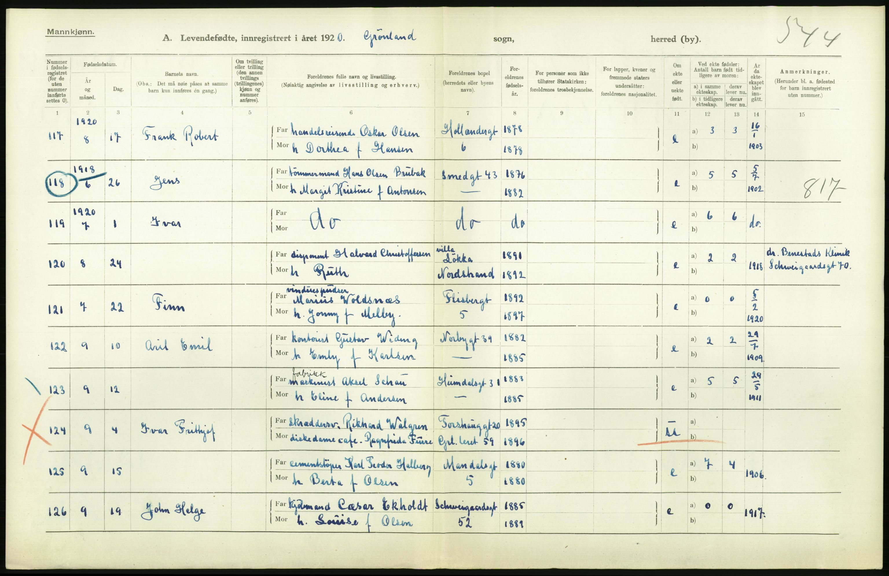 Statistisk sentralbyrå, Sosiodemografiske emner, Befolkning, AV/RA-S-2228/D/Df/Dfb/Dfbj/L0008: Kristiania: Levendefødte menn og kvinner., 1920, p. 140