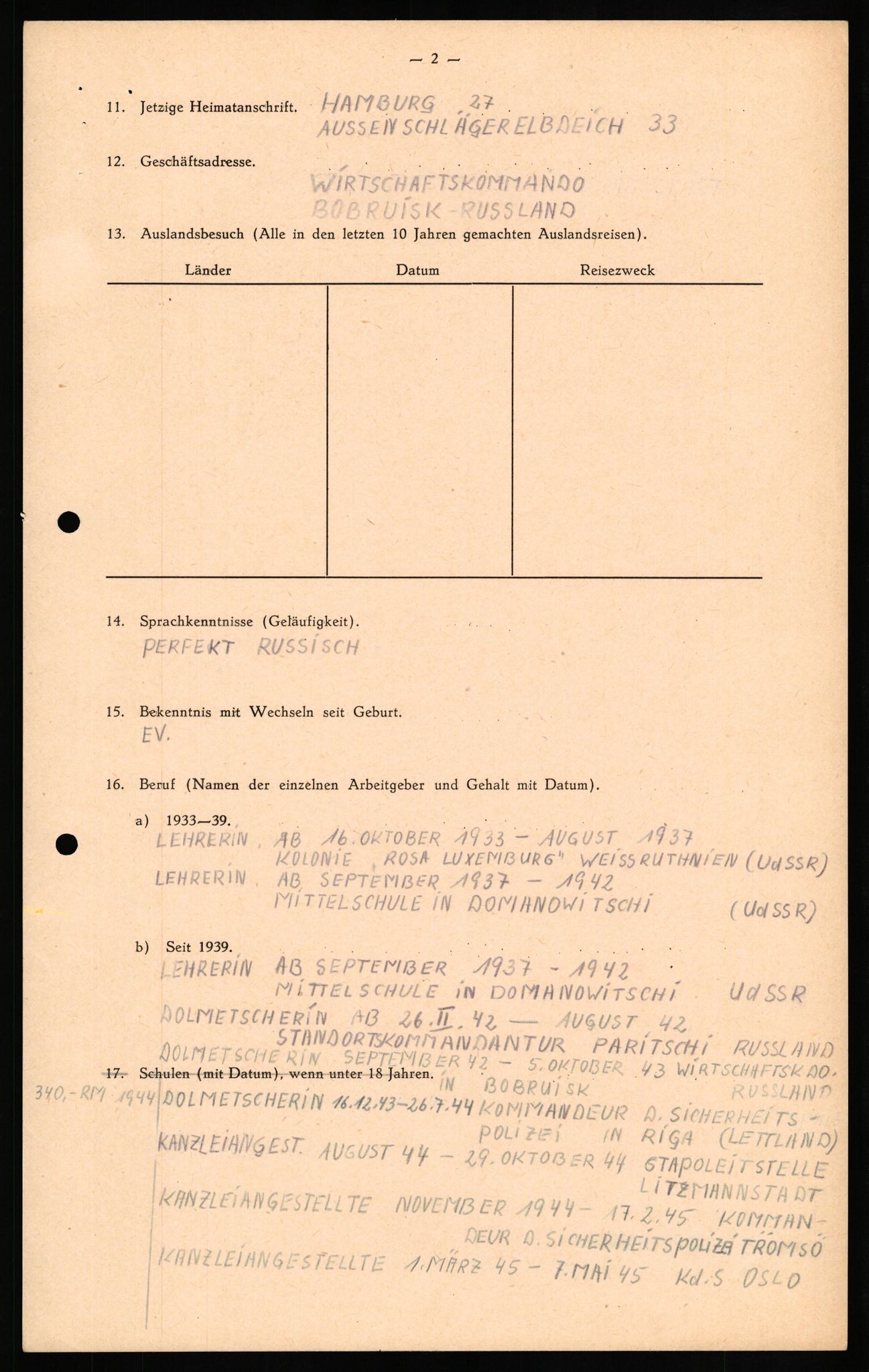 Forsvaret, Forsvarets overkommando II, RA/RAFA-3915/D/Db/L0020: CI Questionaires. Tyske okkupasjonsstyrker i Norge. Tyskere., 1945-1946, p. 108