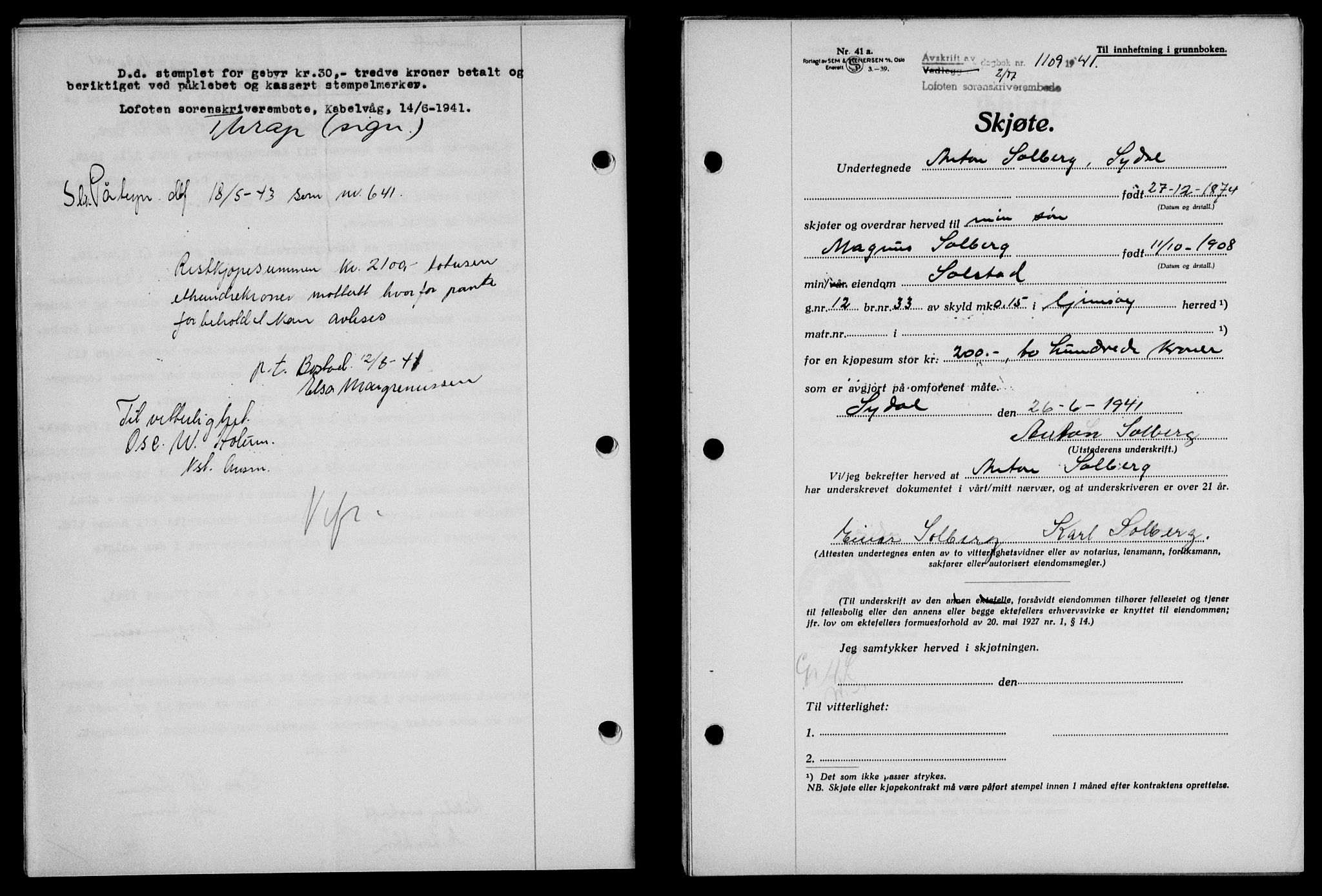 Lofoten sorenskriveri, SAT/A-0017/1/2/2C/L0008a: Mortgage book no. 8a, 1940-1941, Diary no: : 1109/1941