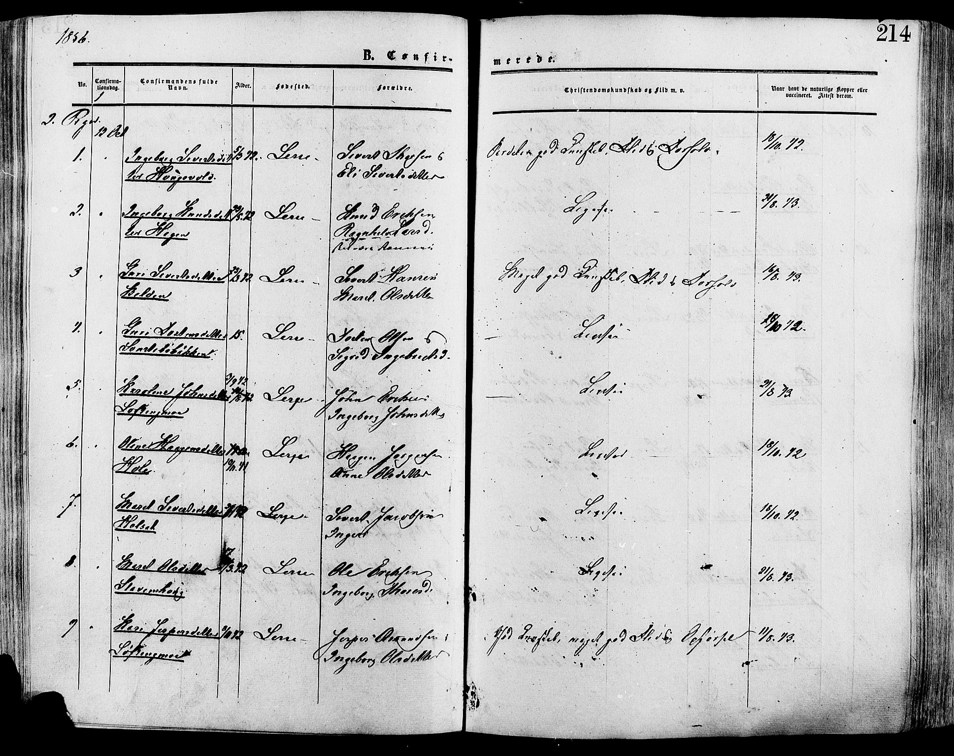 Lesja prestekontor, AV/SAH-PREST-068/H/Ha/Haa/L0008: Parish register (official) no. 8, 1854-1880, p. 214