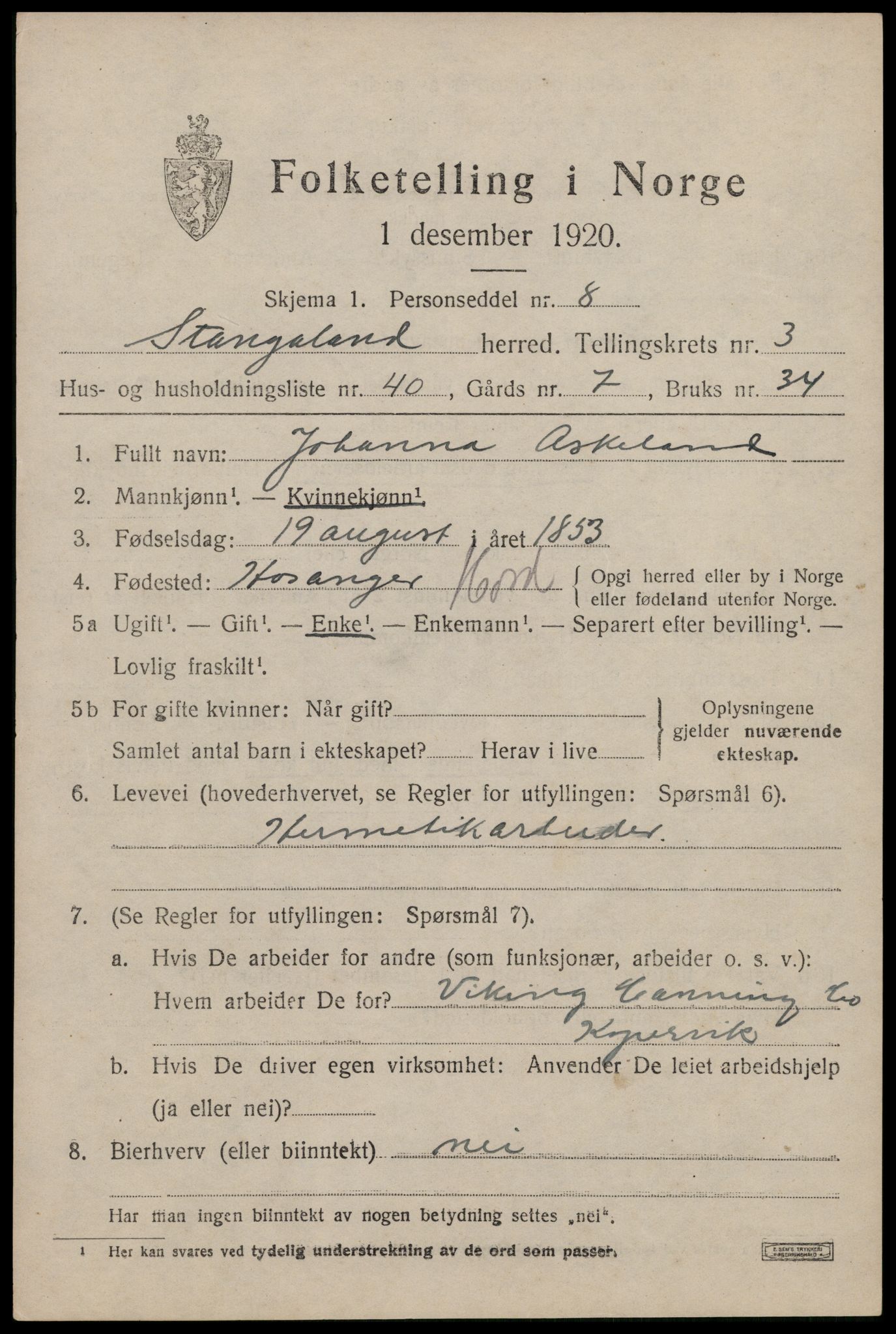 SAST, 1920 census for Stangaland, 1920, p. 2801
