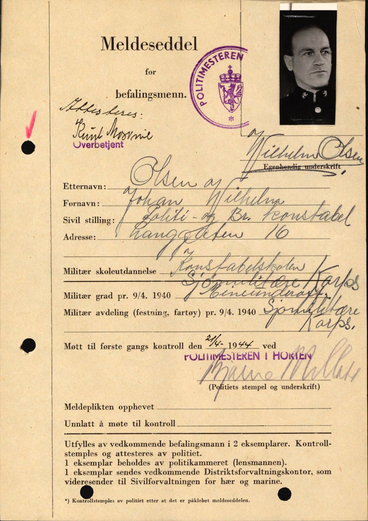 Forsvaret, Forsvarets krigshistoriske avdeling, AV/RA-RAFA-2017/Y/Yf/L0209: II-C-11-2121  -  Okkupasjonstiden.  Meldesedler for befal med foto og oppl. om militær grad 9. apr. 1940., 1944-1945, p. 444
