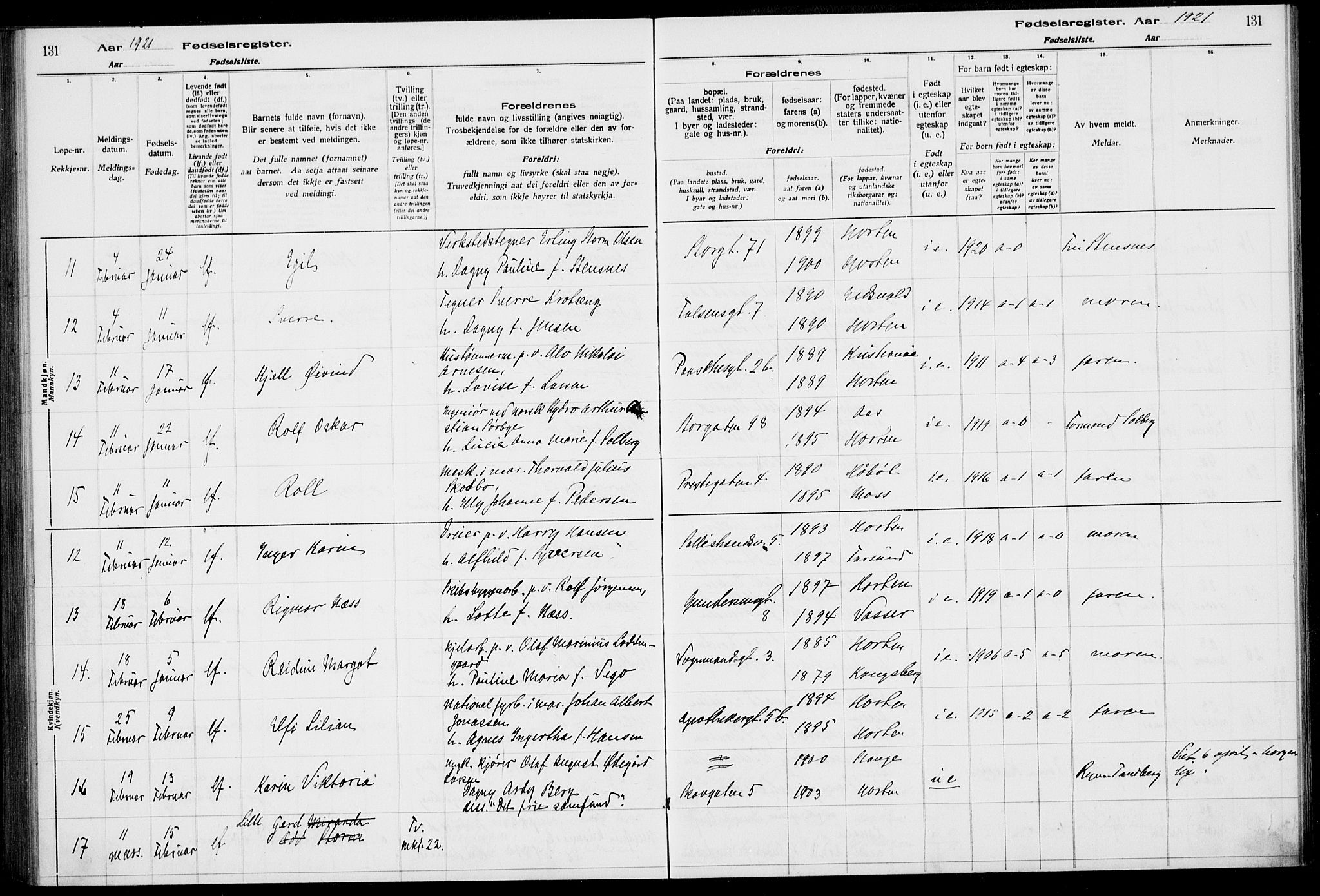 Horten kirkebøker, AV/SAKO-A-348/J/Ja/L0001: Birth register no. 1, 1916-1923, p. 131