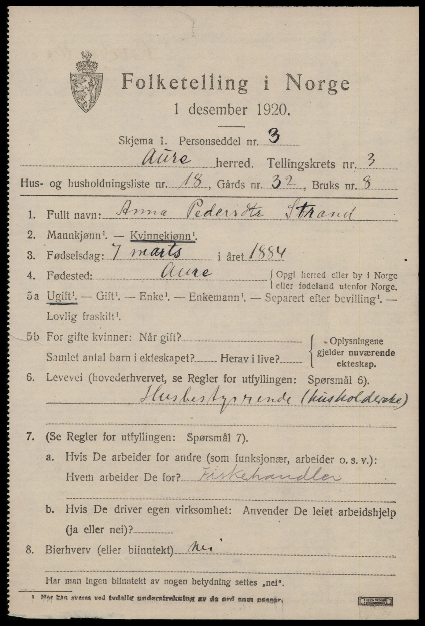 SAT, 1920 census for Aure, 1920, p. 1868