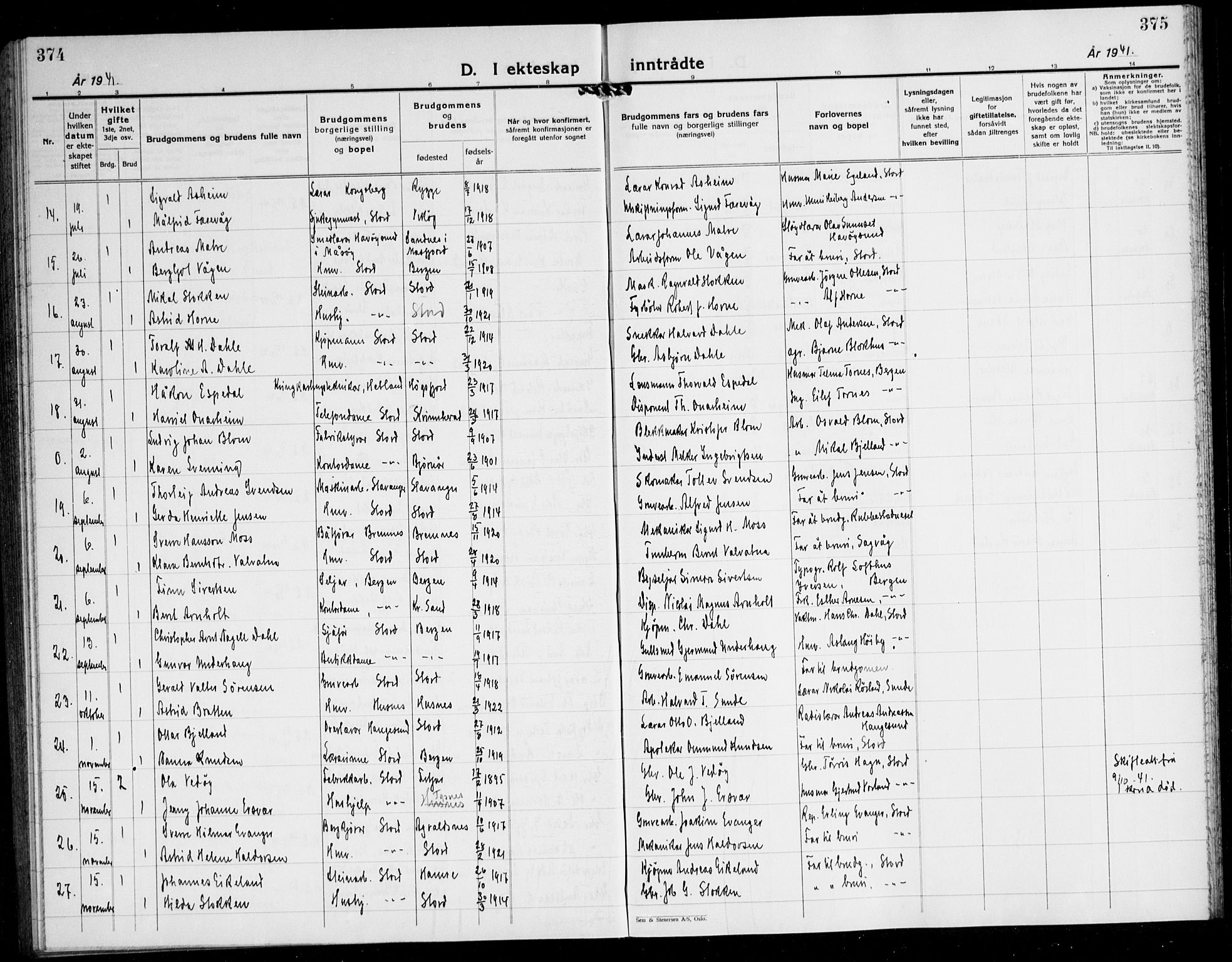 Stord sokneprestembete, AV/SAB-A-78201/H/Hab: Parish register (copy) no. A 5, 1933-1945, p. 374-375