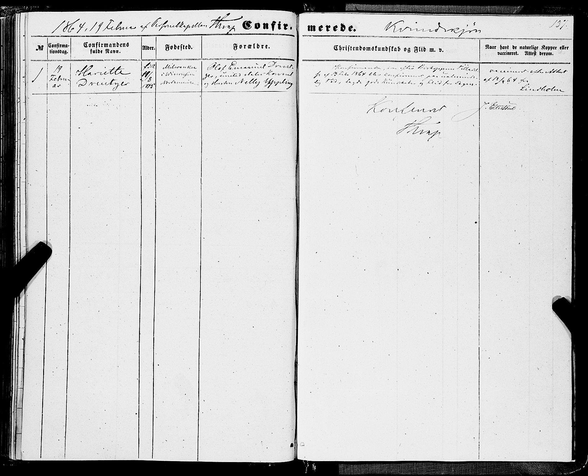 Domkirken sokneprestembete, SAB/A-74801/H/Haa/L0028: Parish register (official) no. C 3, 1852-1864, p. 137