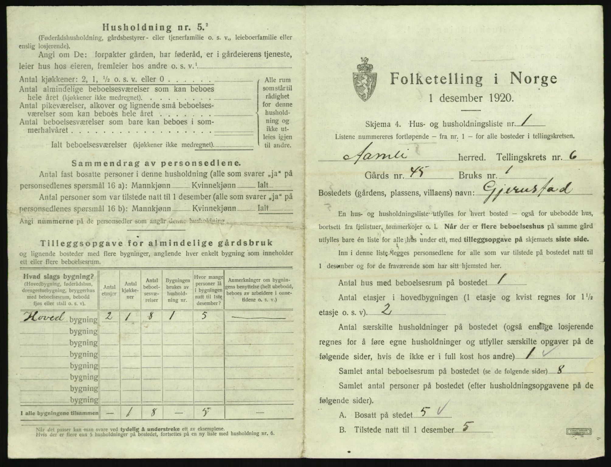 SAK, 1920 census for Åmli, 1920, p. 369