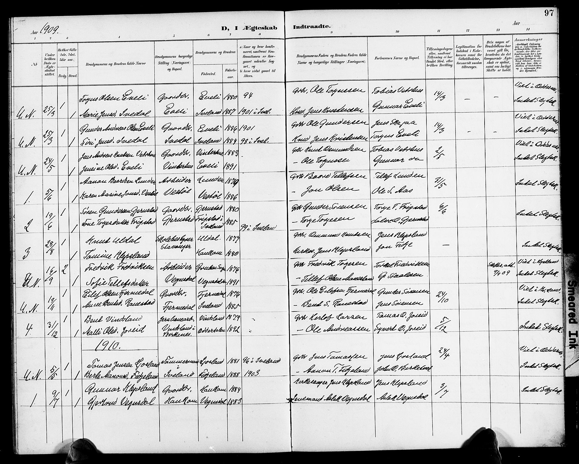 Herefoss sokneprestkontor, AV/SAK-1111-0019/F/Fb/Fbb/L0003: Parish register (copy) no. B 3, 1892-1917, p. 97