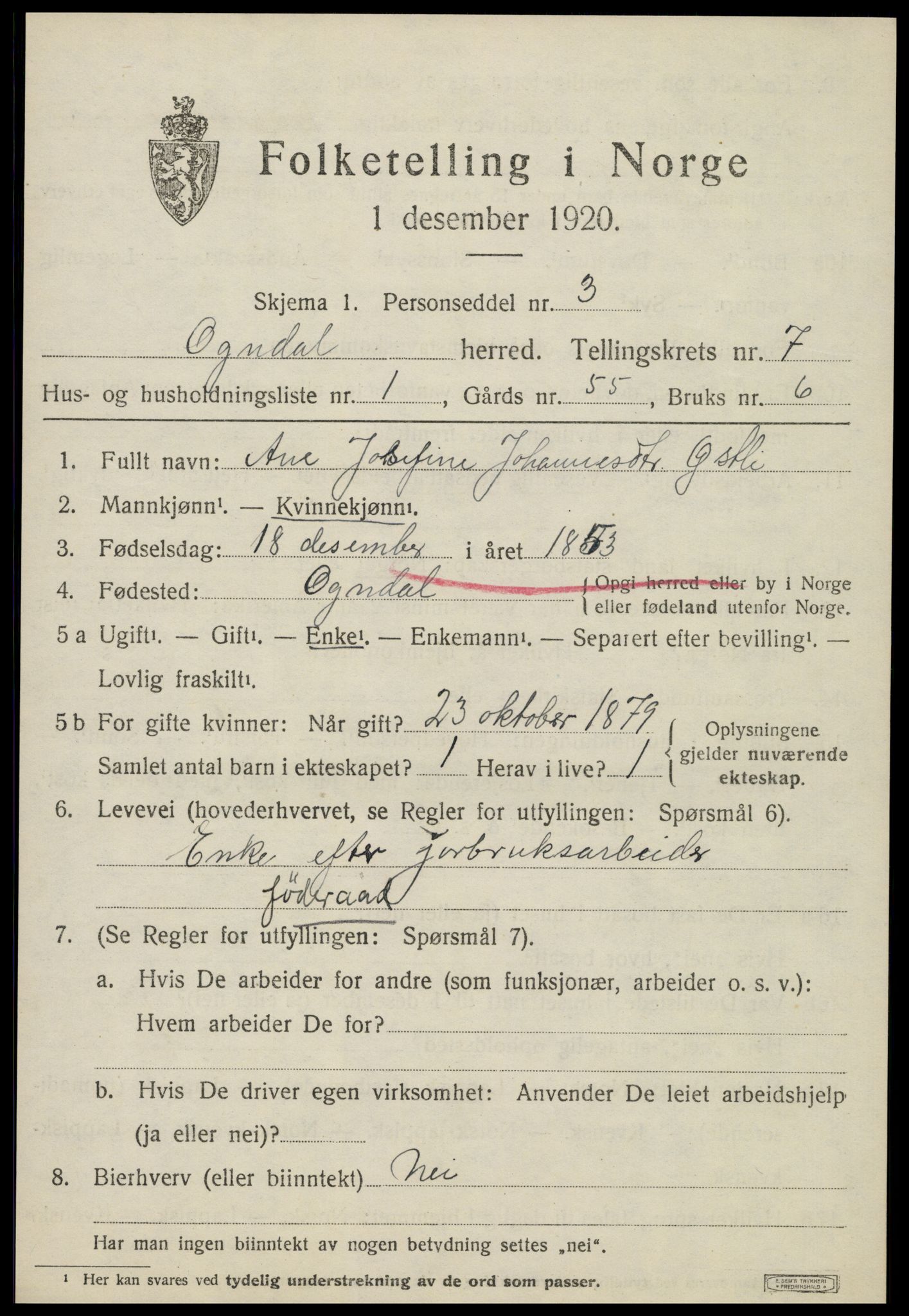 SAT, 1920 census for Ogndal, 1920, p. 2655