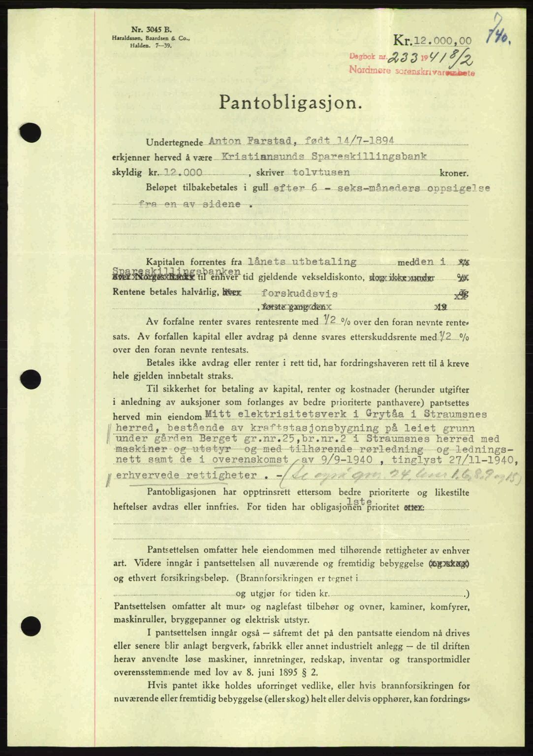 Nordmøre sorenskriveri, AV/SAT-A-4132/1/2/2Ca: Mortgage book no. B87, 1940-1941, Diary no: : 233/1941