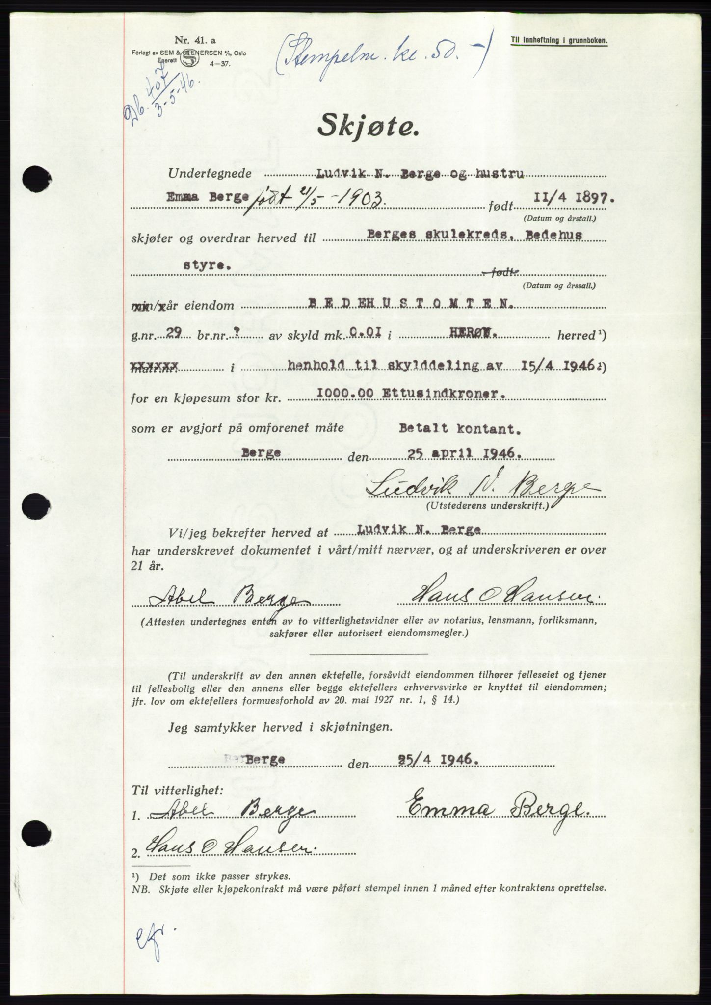 Søre Sunnmøre sorenskriveri, AV/SAT-A-4122/1/2/2C/L0078: Mortgage book no. 4A, 1946-1946, Diary no: : 407/1946