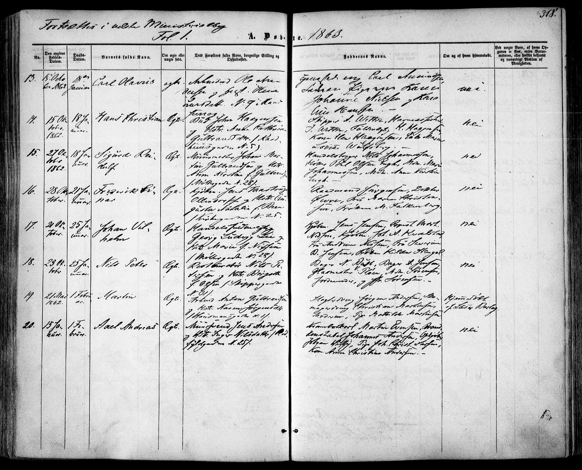 Oslo domkirke Kirkebøker, AV/SAO-A-10752/F/Fa/L0015: Parish register (official) no. 15, 1857-1871, p. 318