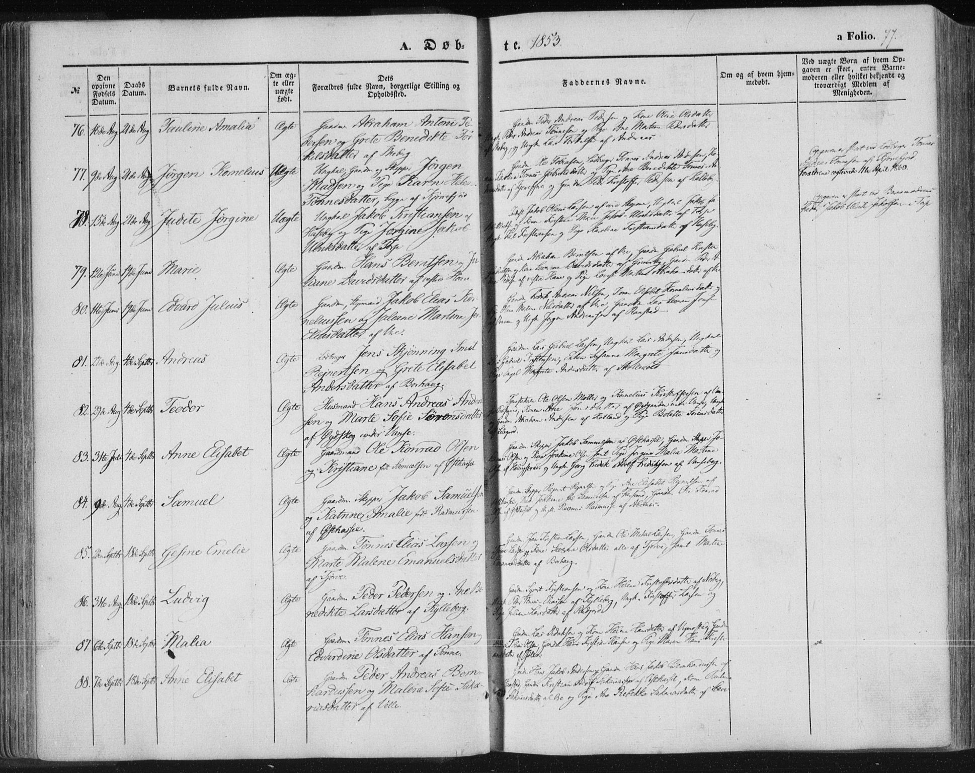 Lista sokneprestkontor, AV/SAK-1111-0027/F/Fa/L0010: Parish register (official) no. A 10, 1846-1861, p. 77