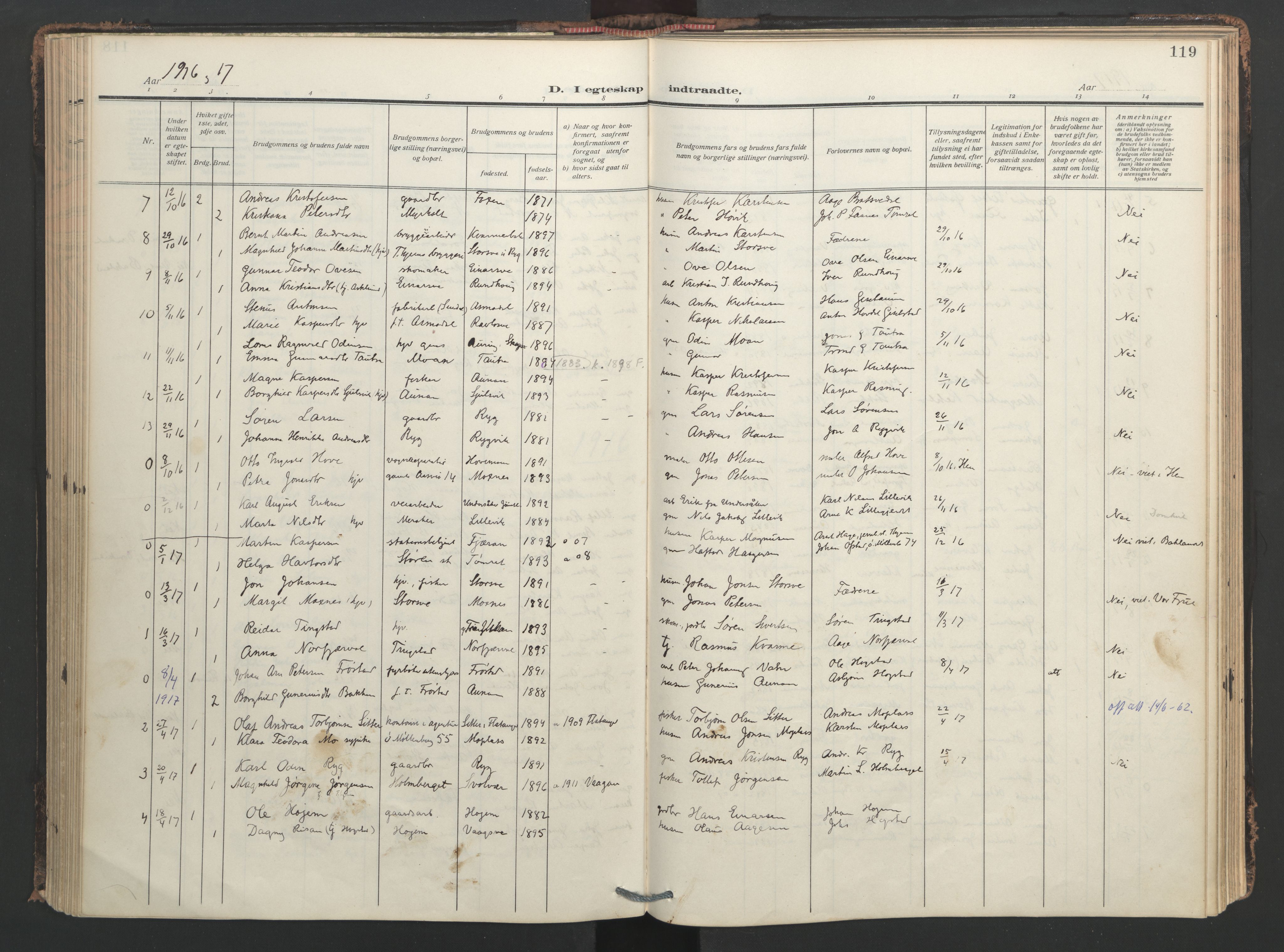 Ministerialprotokoller, klokkerbøker og fødselsregistre - Nord-Trøndelag, SAT/A-1458/713/L0123: Parish register (official) no. 713A12, 1911-1925, p. 119