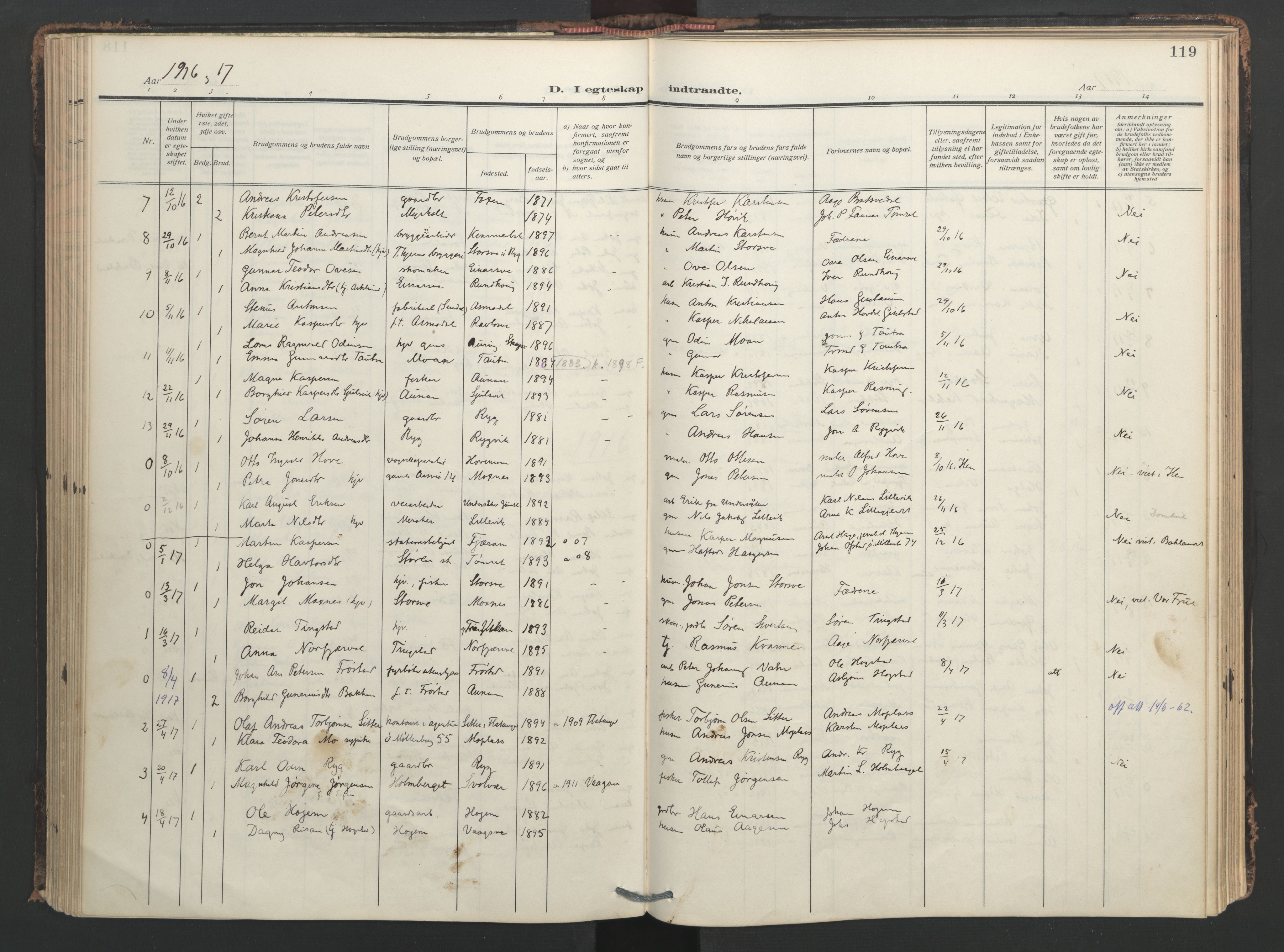 Ministerialprotokoller, klokkerbøker og fødselsregistre - Nord-Trøndelag, AV/SAT-A-1458/713/L0123: Parish register (official) no. 713A12, 1911-1925, p. 119
