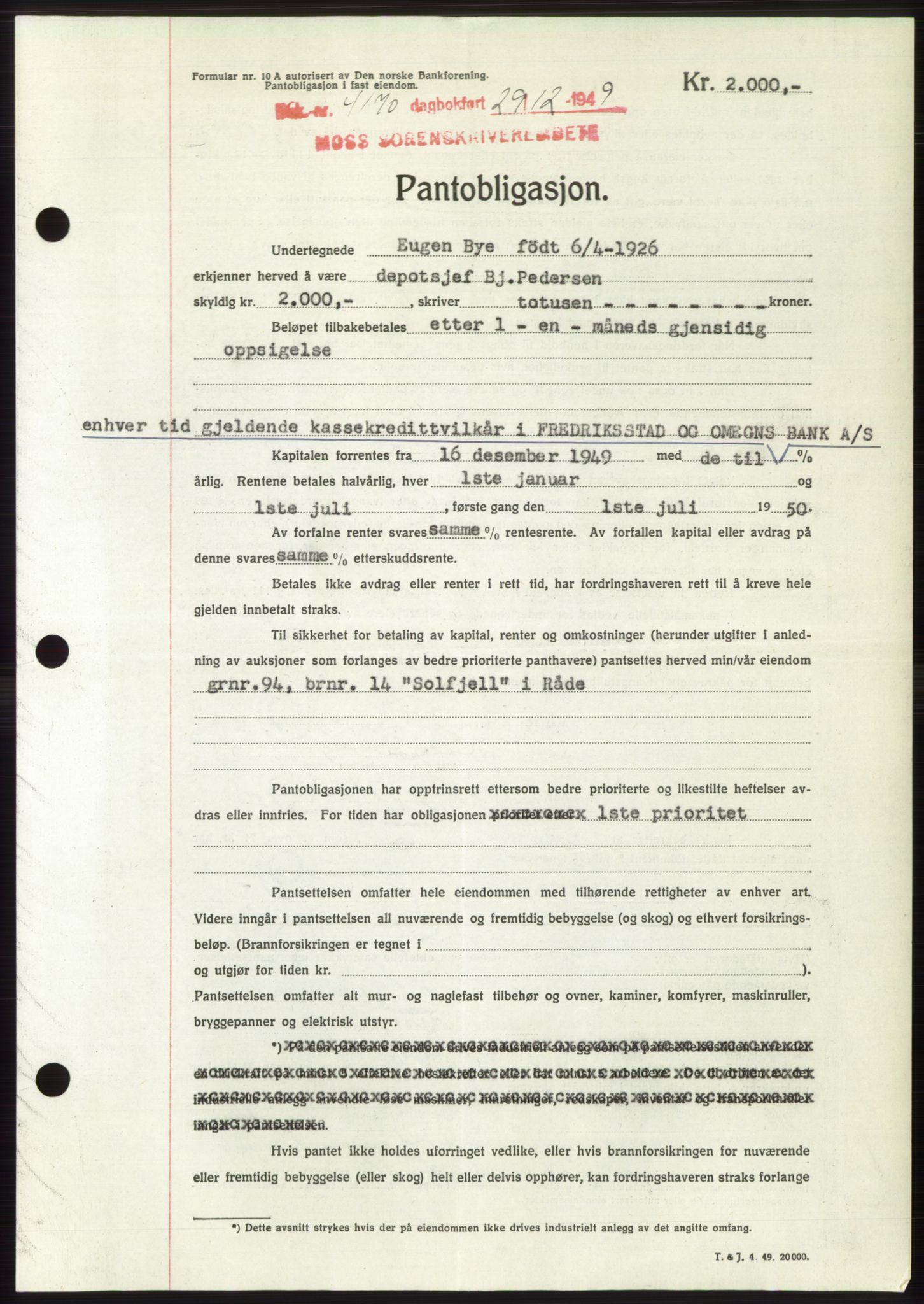 Moss sorenskriveri, SAO/A-10168: Mortgage book no. B23, 1949-1950, Diary no: : 4170/1949