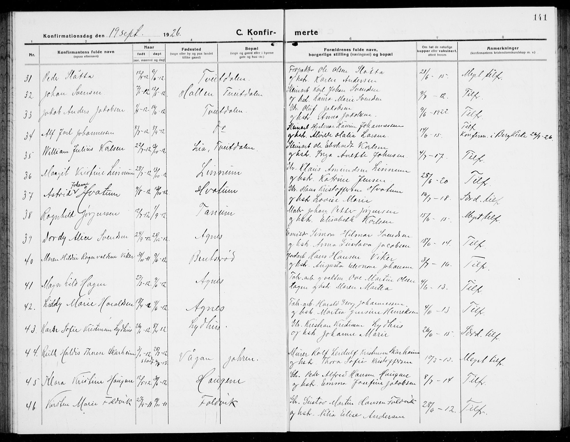 Brunlanes kirkebøker, SAKO/A-342/G/Ga/L0005: Parish register (copy) no. I 5, 1918-1941, p. 141
