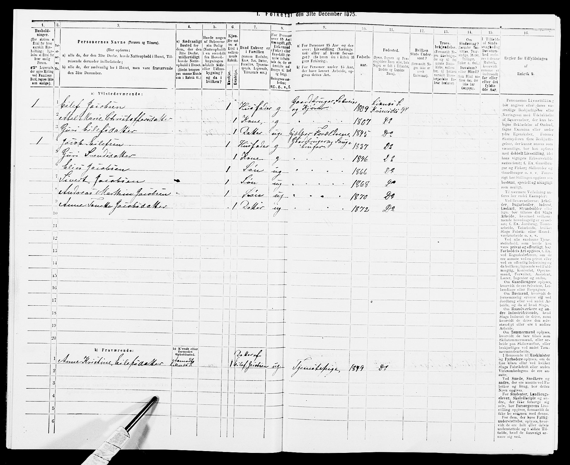 SAK, 1875 census for 1037P Kvinesdal, 1875, p. 300