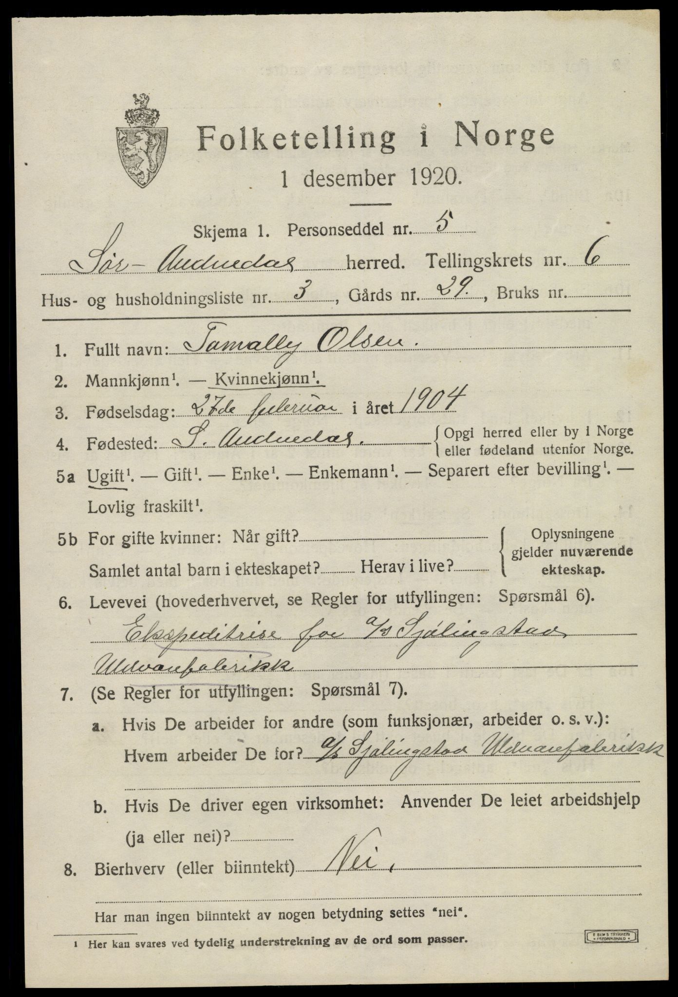 SAK, 1920 census for Sør-Audnedal, 1920, p. 2717