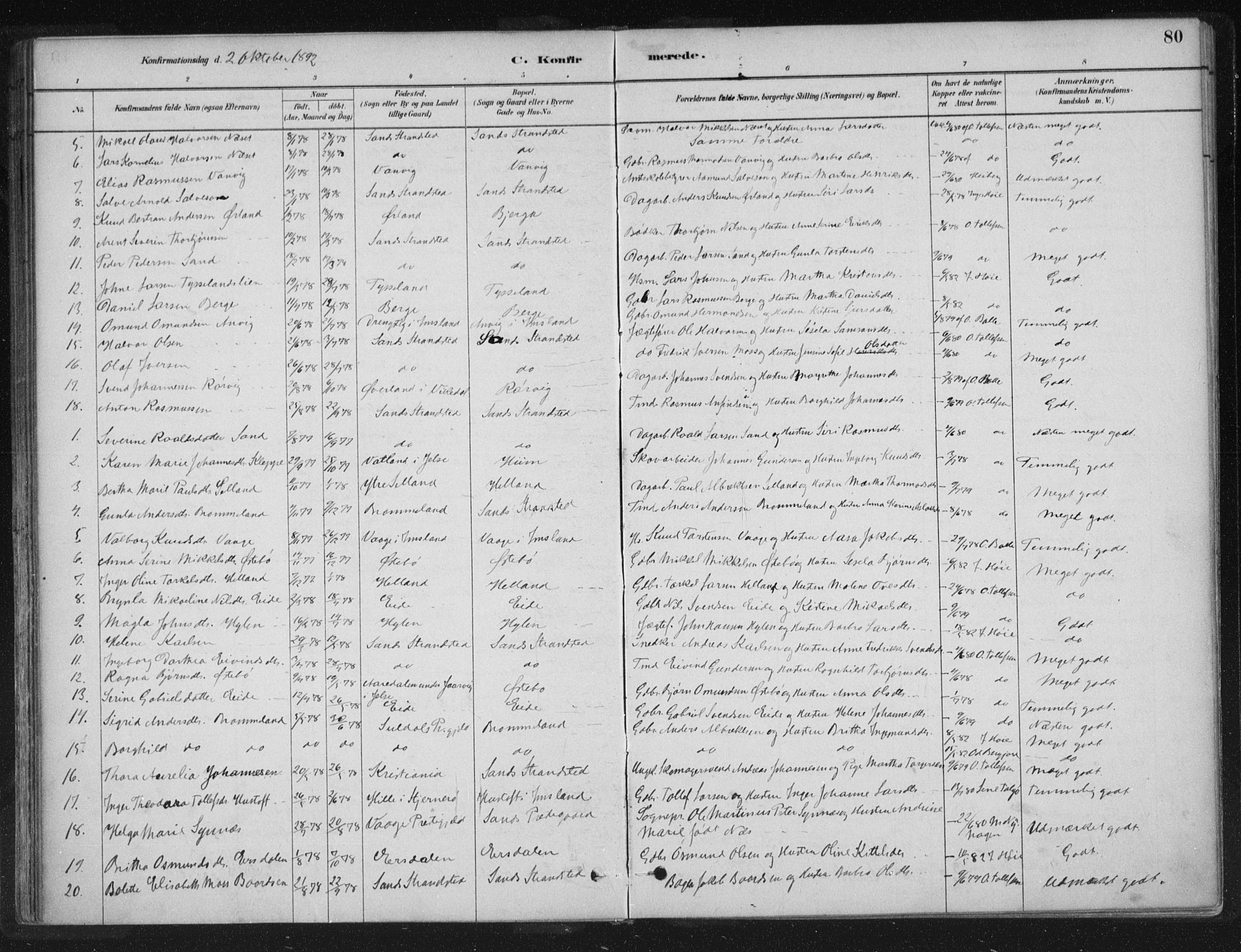 Sand sokneprestkontor, AV/SAST-A-101848/01/III/L0005: Parish register (official) no. A 5, 1880-1898, p. 80