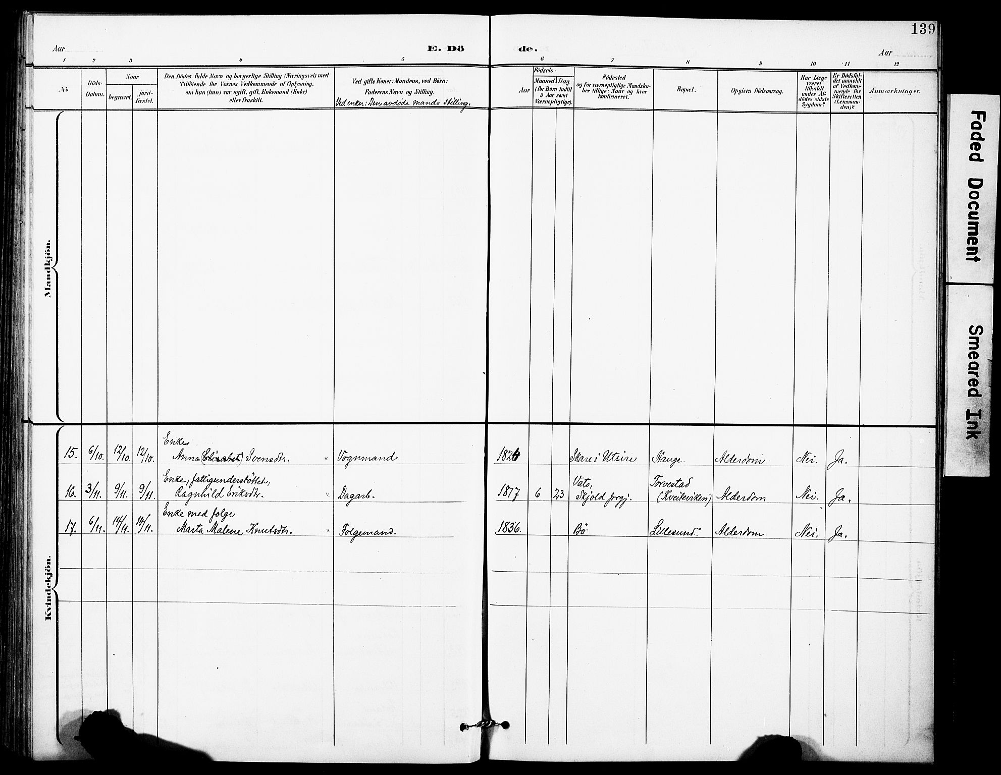 Torvastad sokneprestkontor, AV/SAST-A -101857/H/Ha/Haa/L0017: Parish register (official) no. A 16, 1899-1911, p. 139