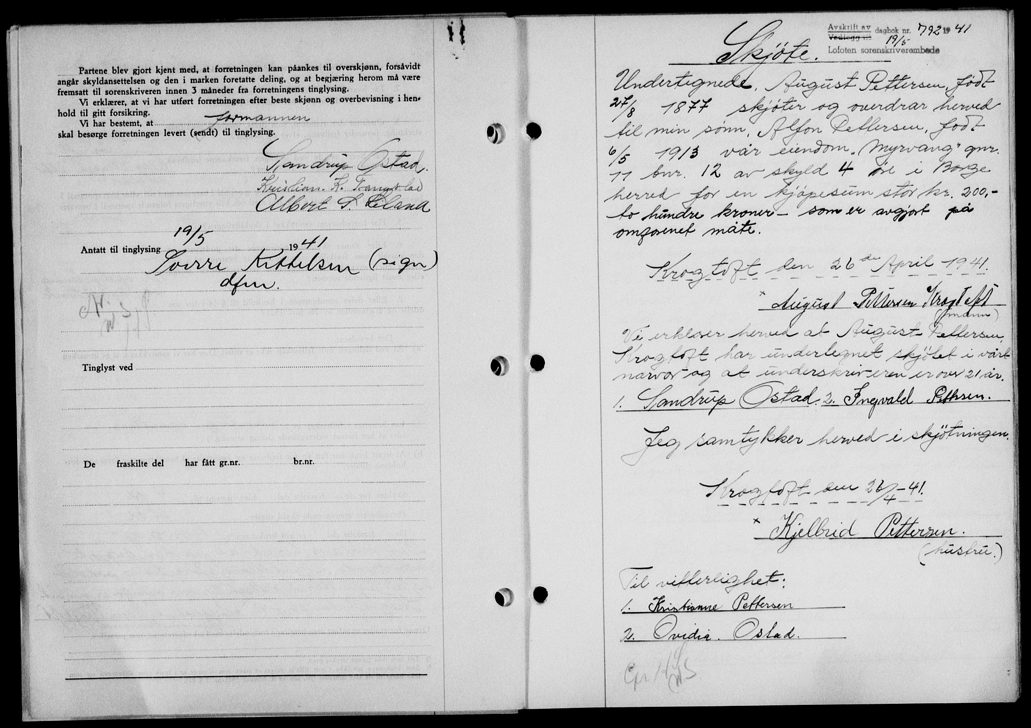 Lofoten sorenskriveri, SAT/A-0017/1/2/2C/L0008a: Mortgage book no. 8a, 1940-1941, Diary no: : 792/1941