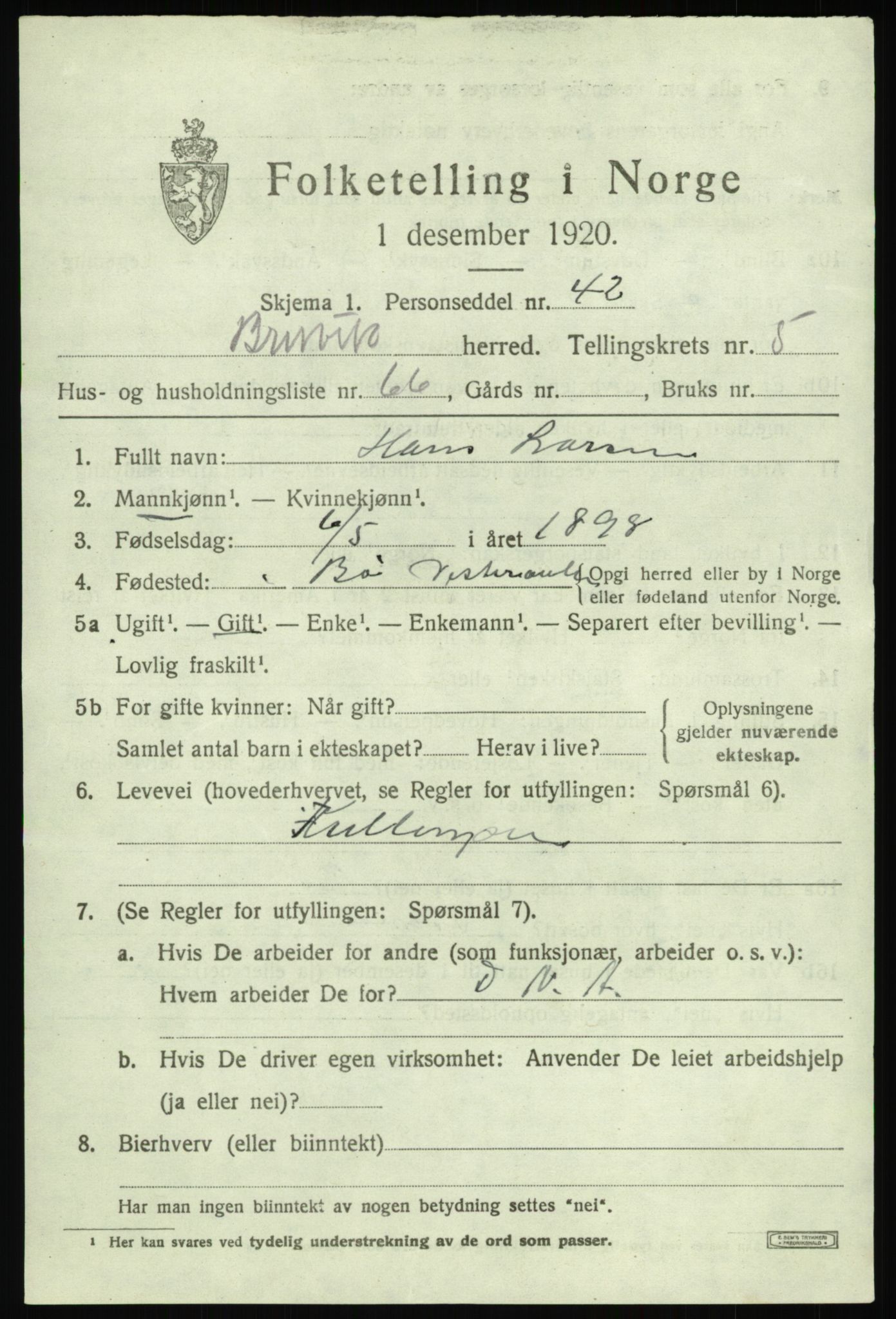 SAB, 1920 census for Bruvik, 1920, p. 3882