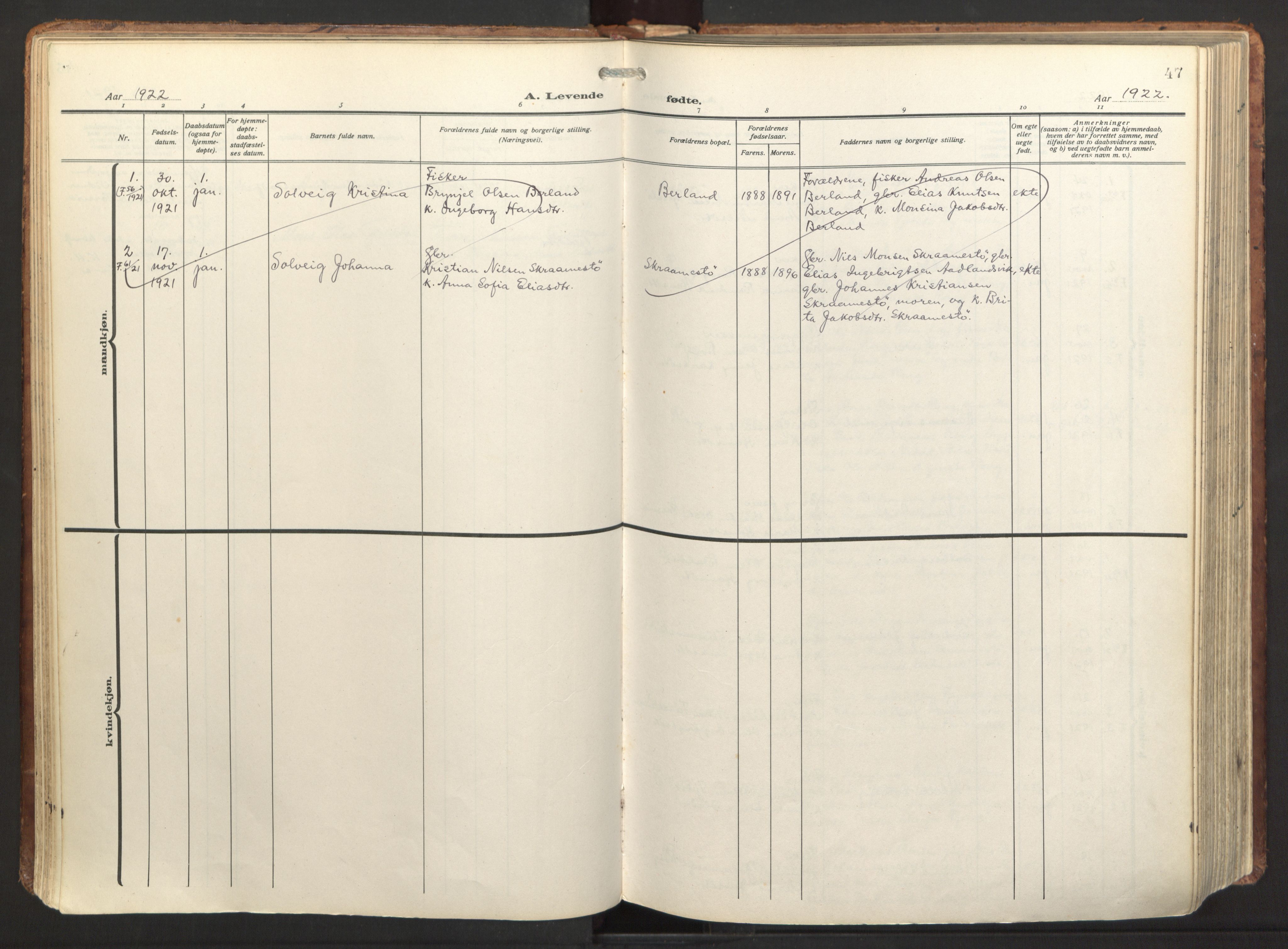 Herdla Sokneprestembete, AV/SAB-A-75701/H/Haa: Parish register (official) no. A 6, 1918-1933, p. 47